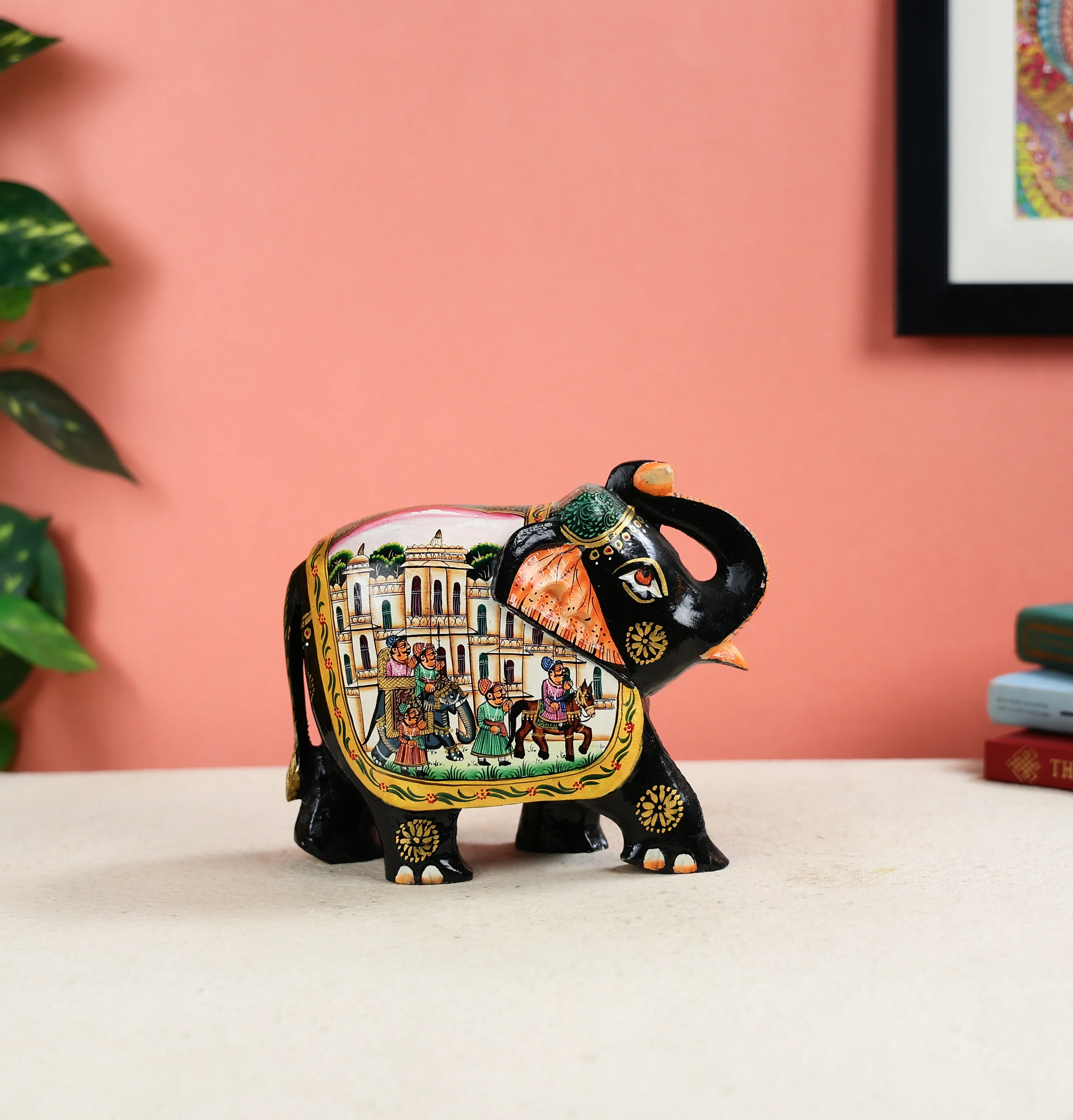 6" Kadam Wood Carved Elephant with Hand Painted King Ambari Scene on Table Decor - Image 3