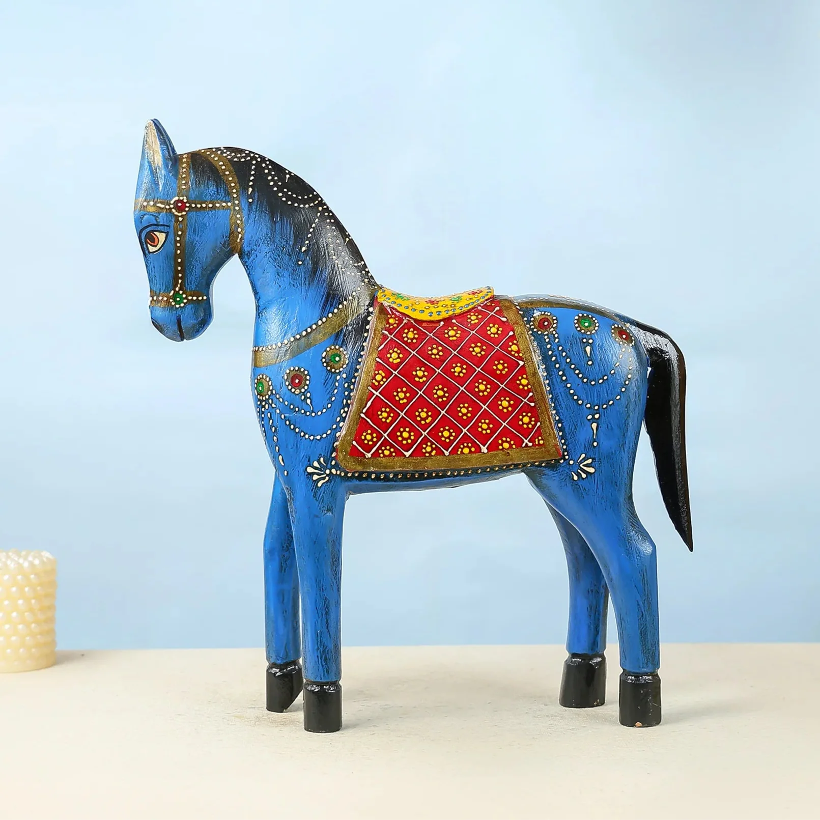 Handcrafted Blue Wooden Horse With Traditional Artwork Table Decor