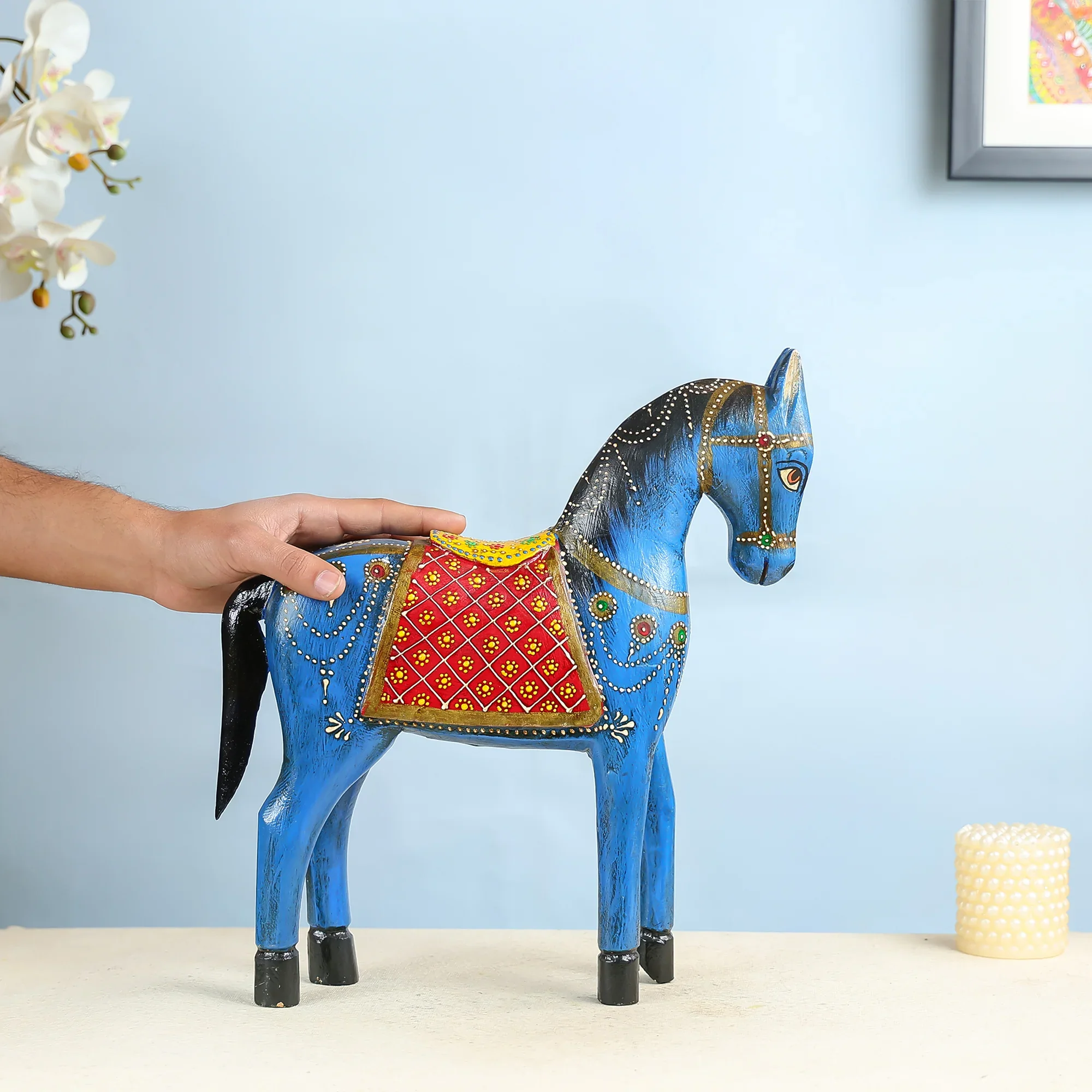 Handcrafted Blue Wooden Horse With Traditional Artwork Table Decor - Image 2