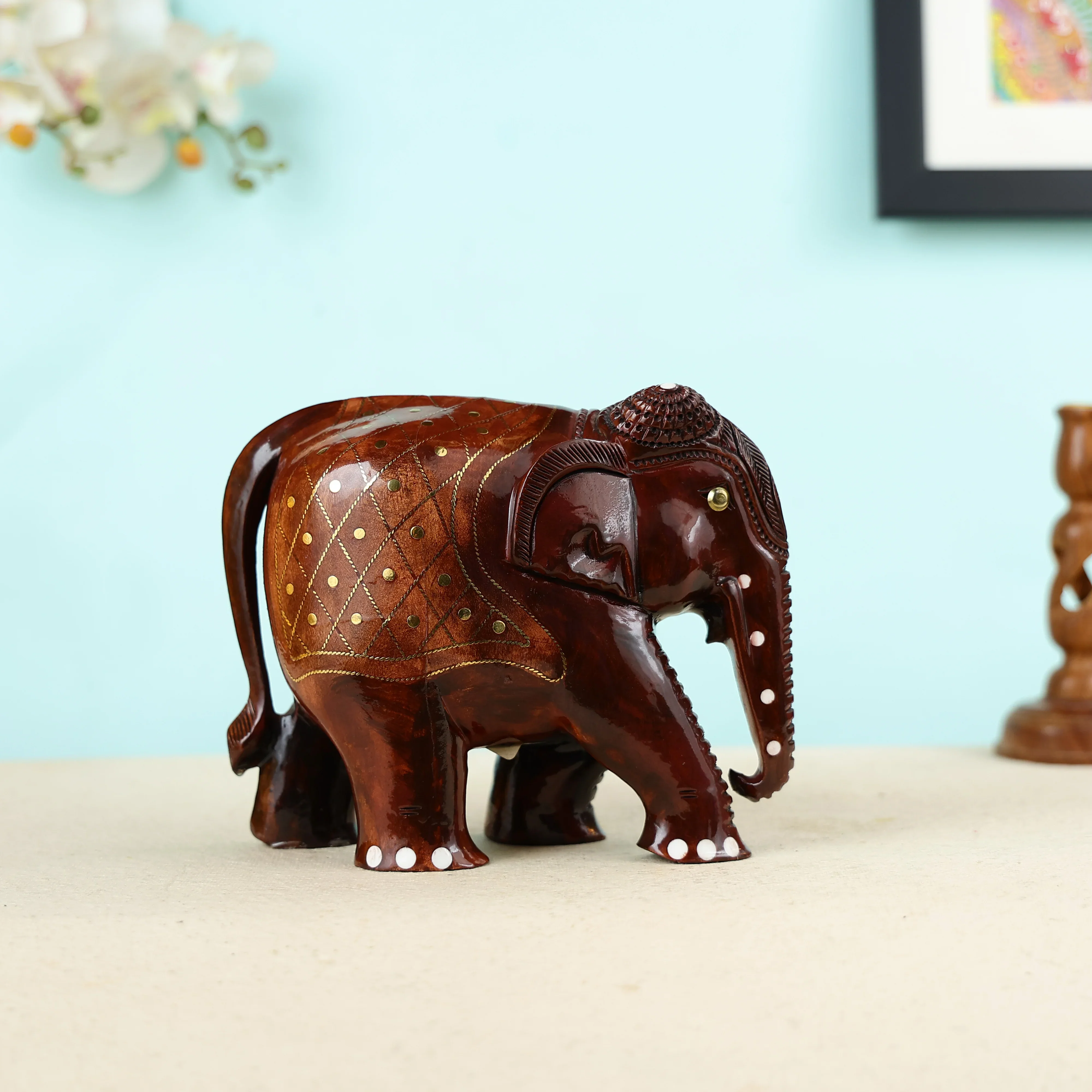 Handcrafted Wooden Elephant with brass wire inlay work Table Decor - Image 3