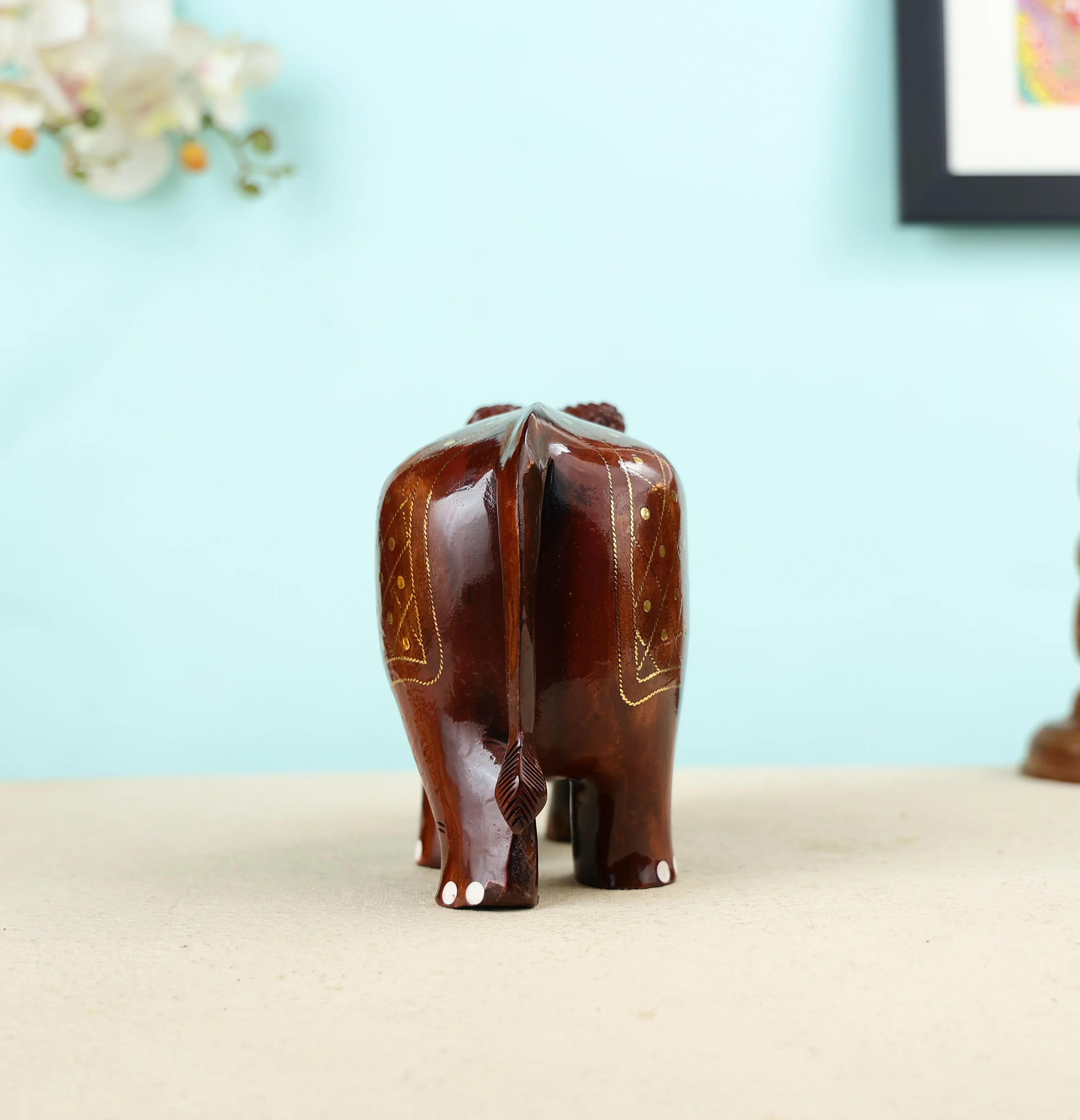 Handcrafted Wooden Elephant with brass wire inlay work Table Decor - Image 4