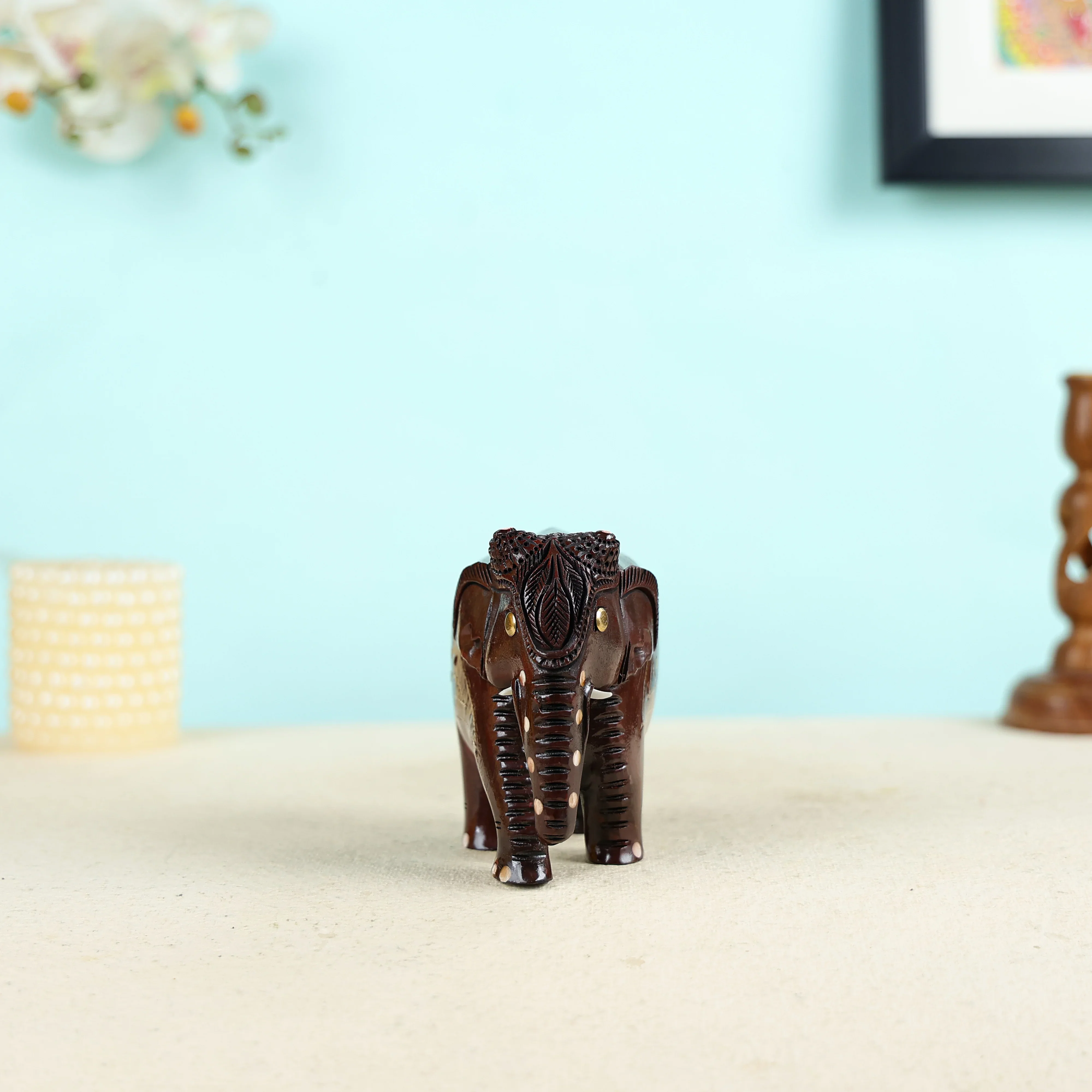 Handcrafted Wood Carved Small Elephant with Brass Wire Inlay Work - Image 3