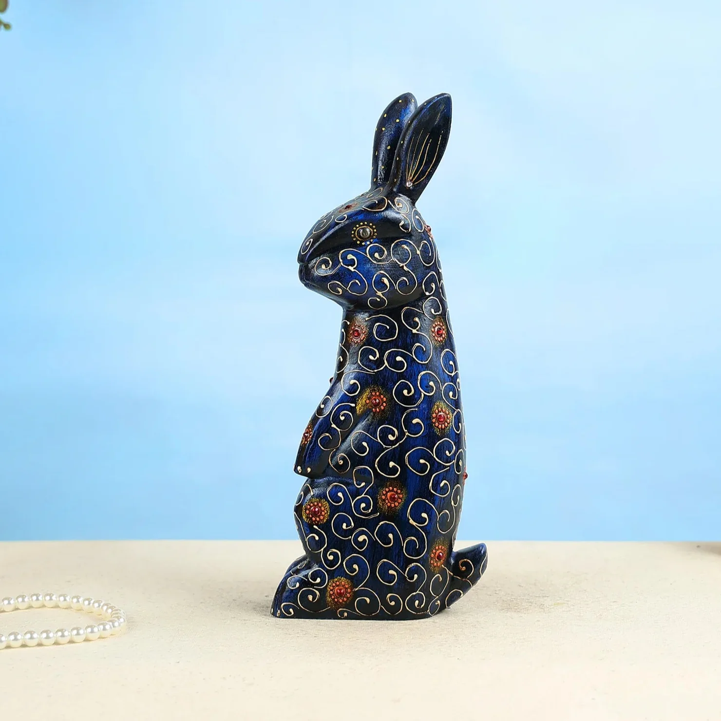 Handcrafted Midnight Blue Wooden Rabbit Table Decor