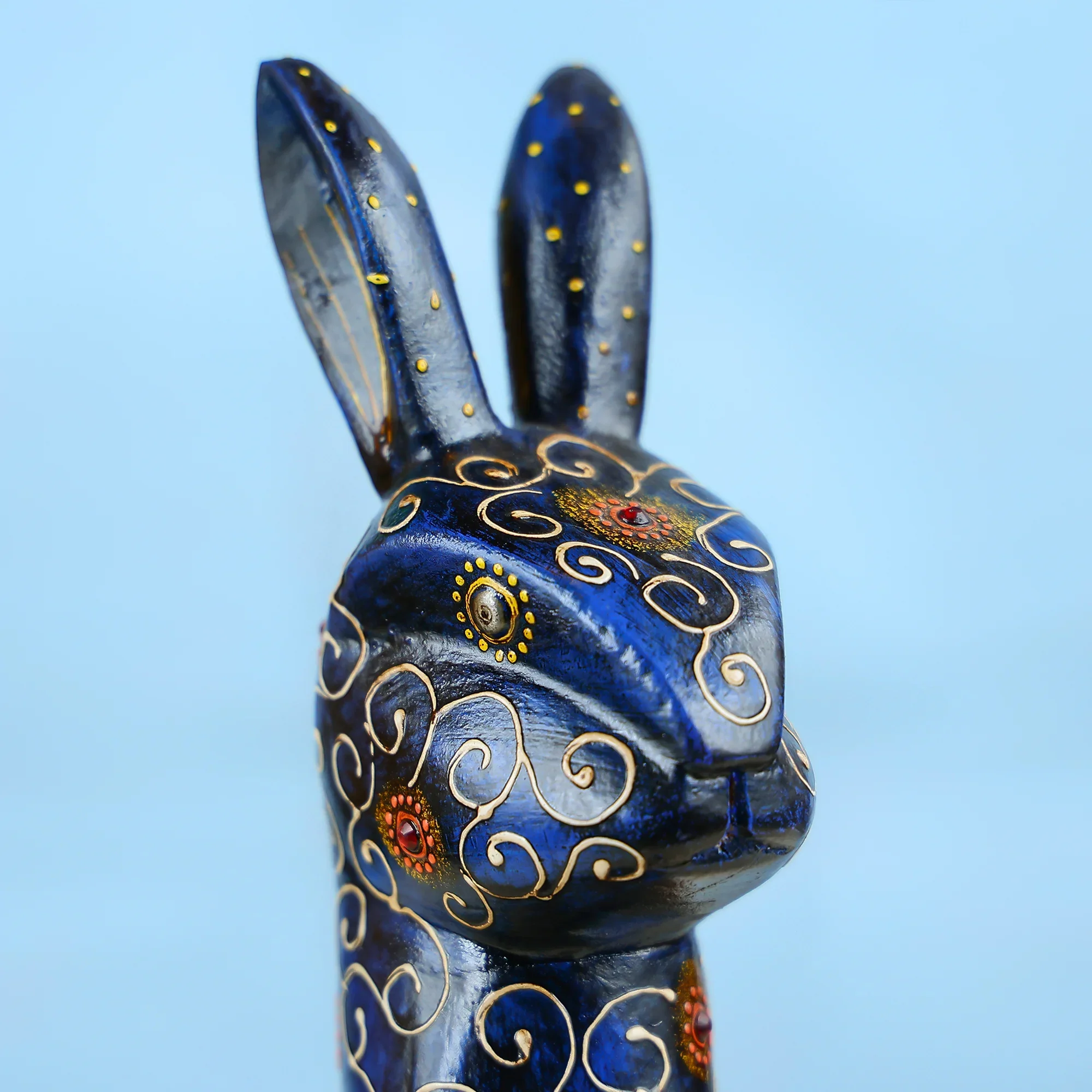 Handcrafted Midnight Blue Wooden Rabbit Table Decor - Image 2