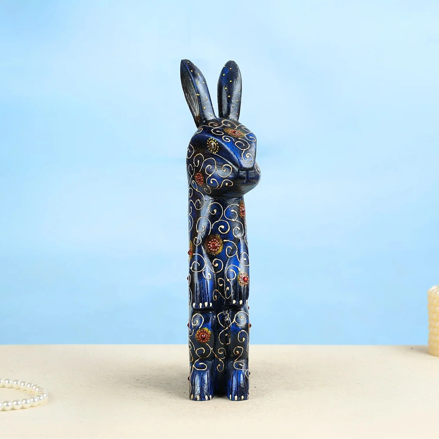 Handcrafted Midnight Blue Wooden Rabbit Table Decor - Image 3