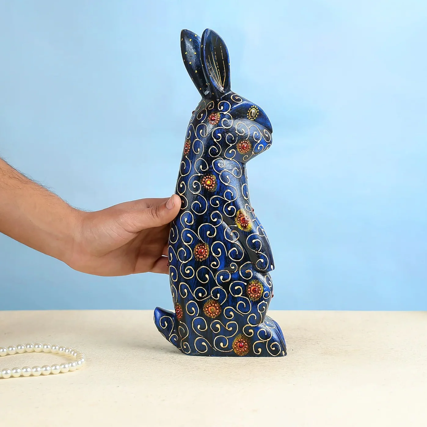 Handcrafted Midnight Blue Wooden Rabbit Table Decor - Image 4