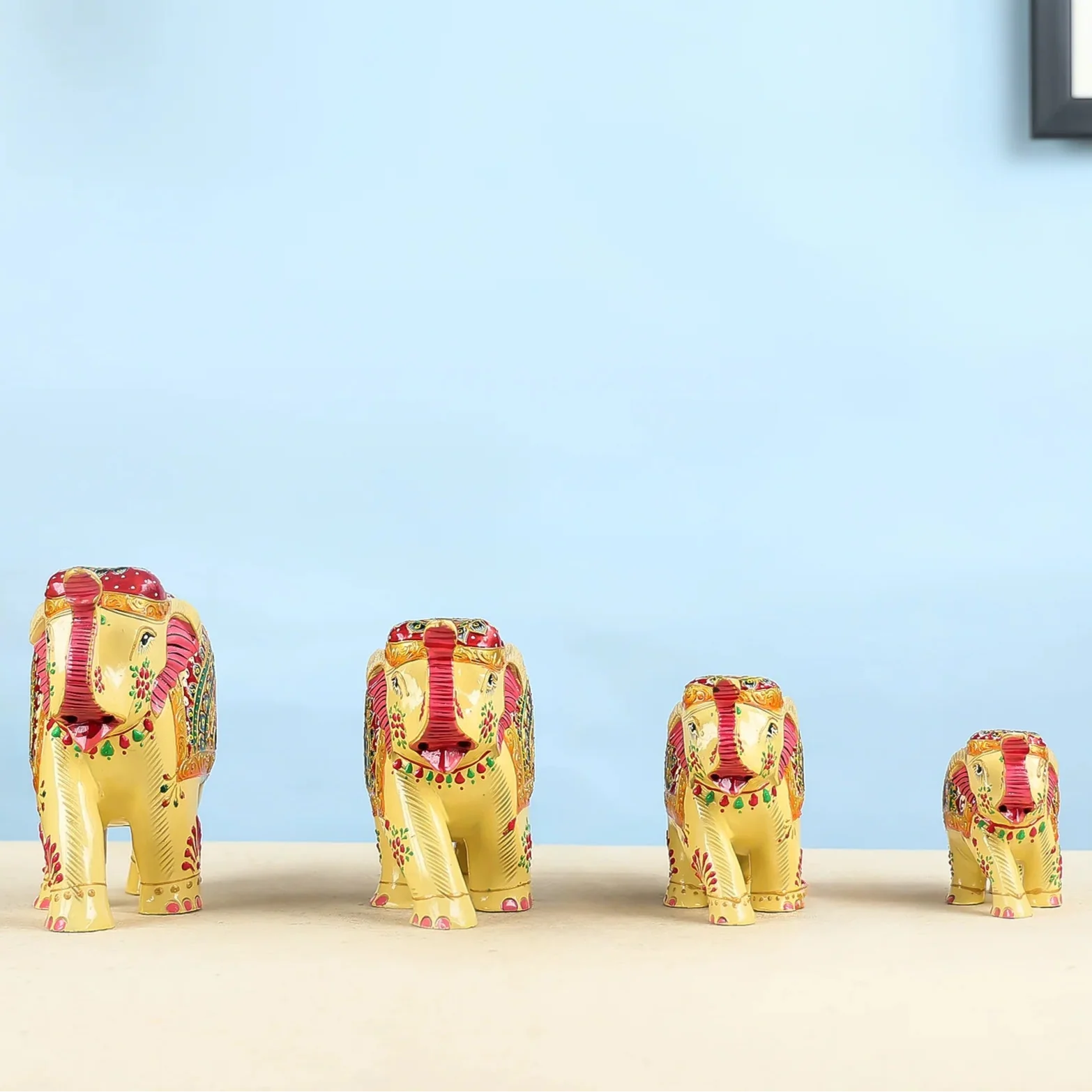 Meenakari Worked Carved Wooden Elephant Family Table Decor - Image 2