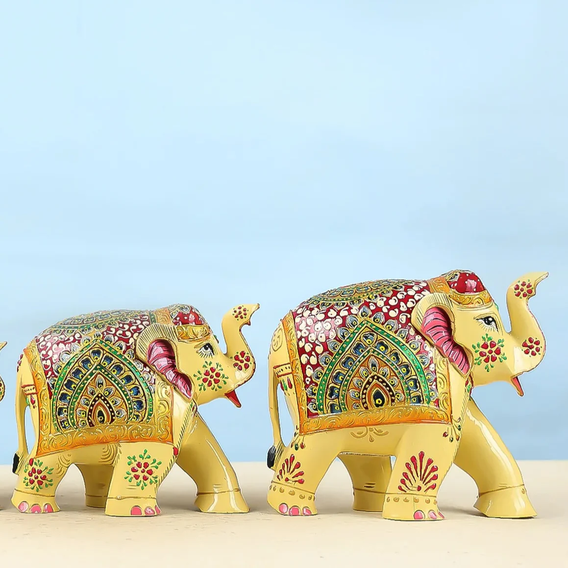 Meenakari Worked Carved Wooden Elephant Family Table Decor - Image 3