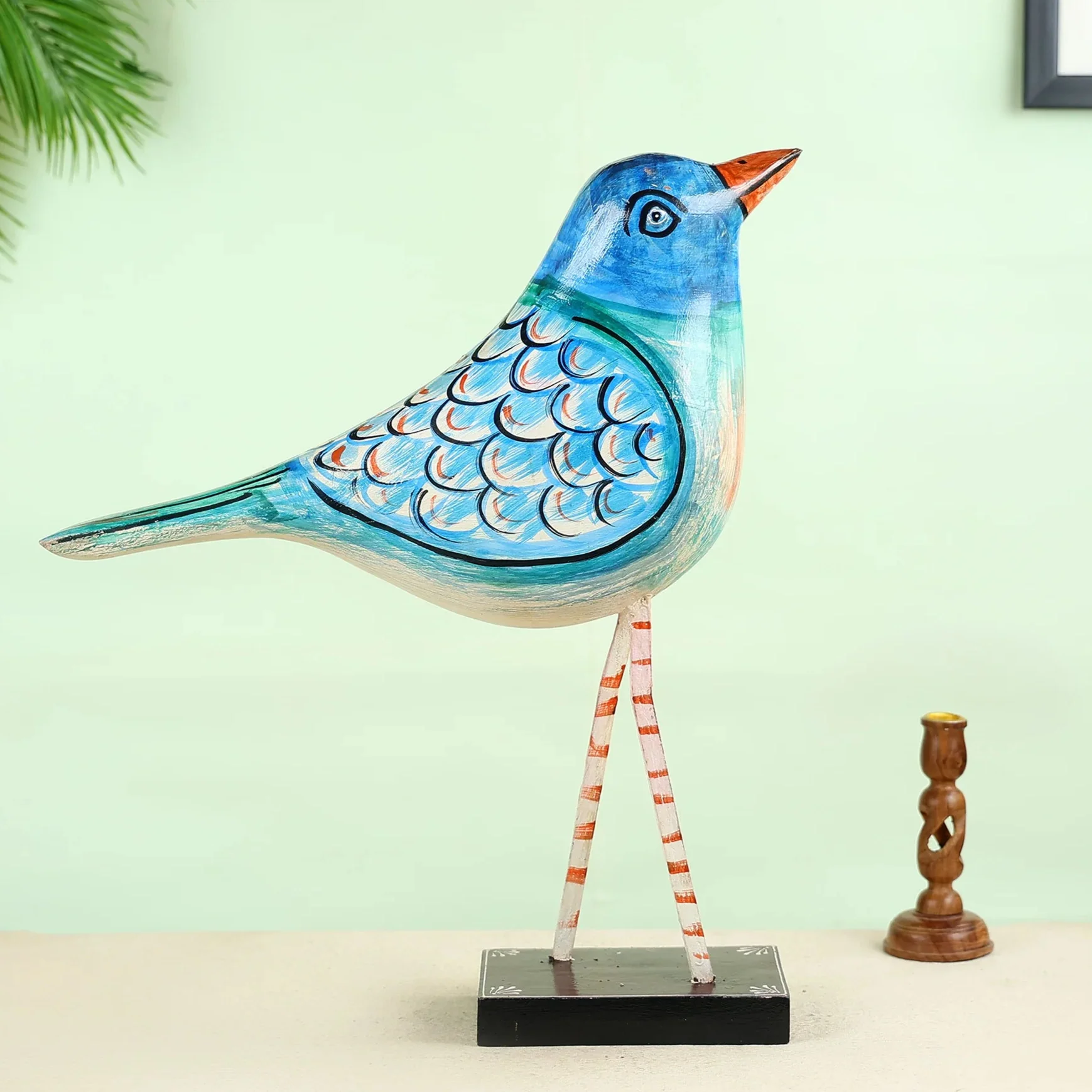 Hand painted Carved Wooden Sparrow Figurine With Artistic Detailing Table Decor