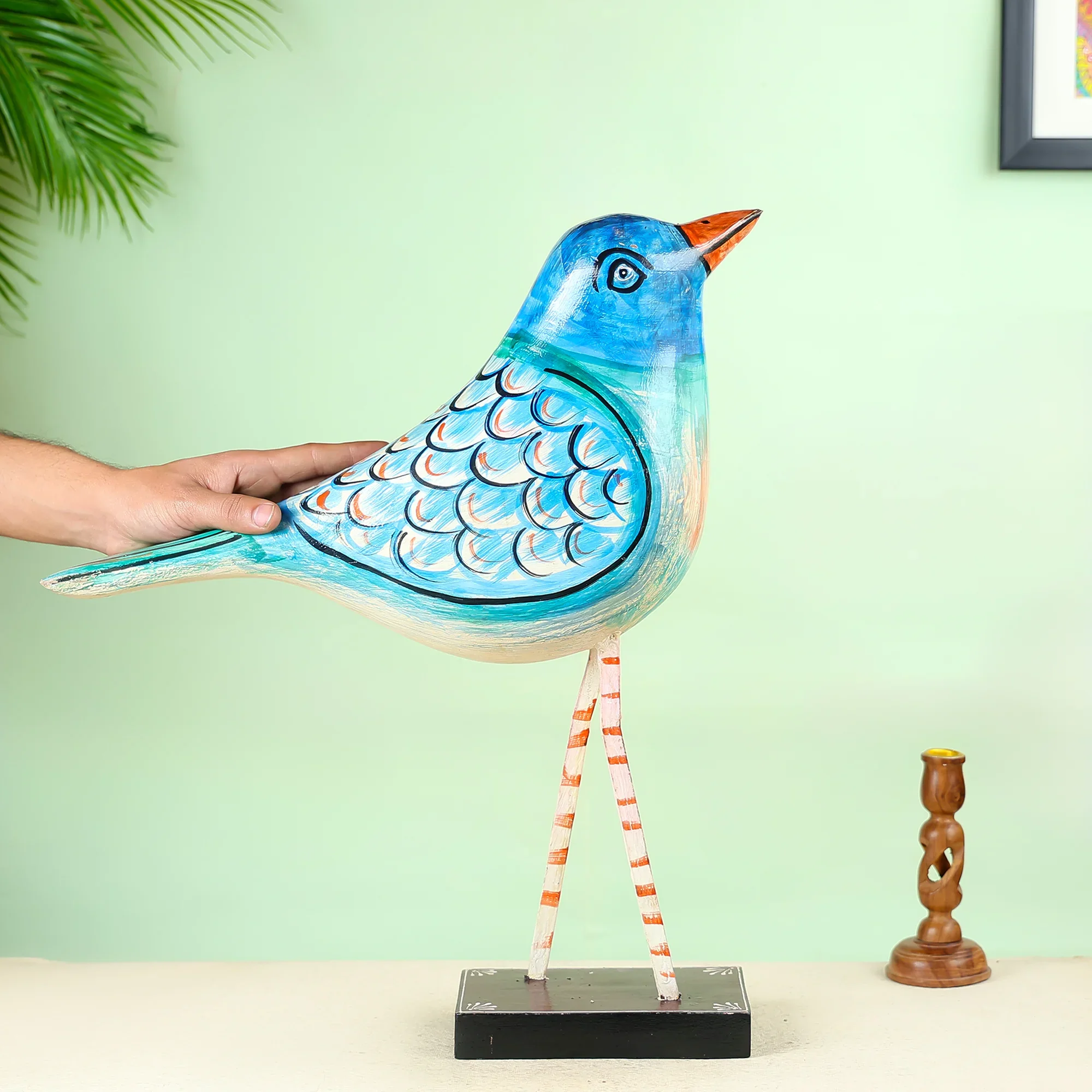 Hand painted Carved Wooden Sparrow Figurine With Artistic Detailing Table Decor - Image 2