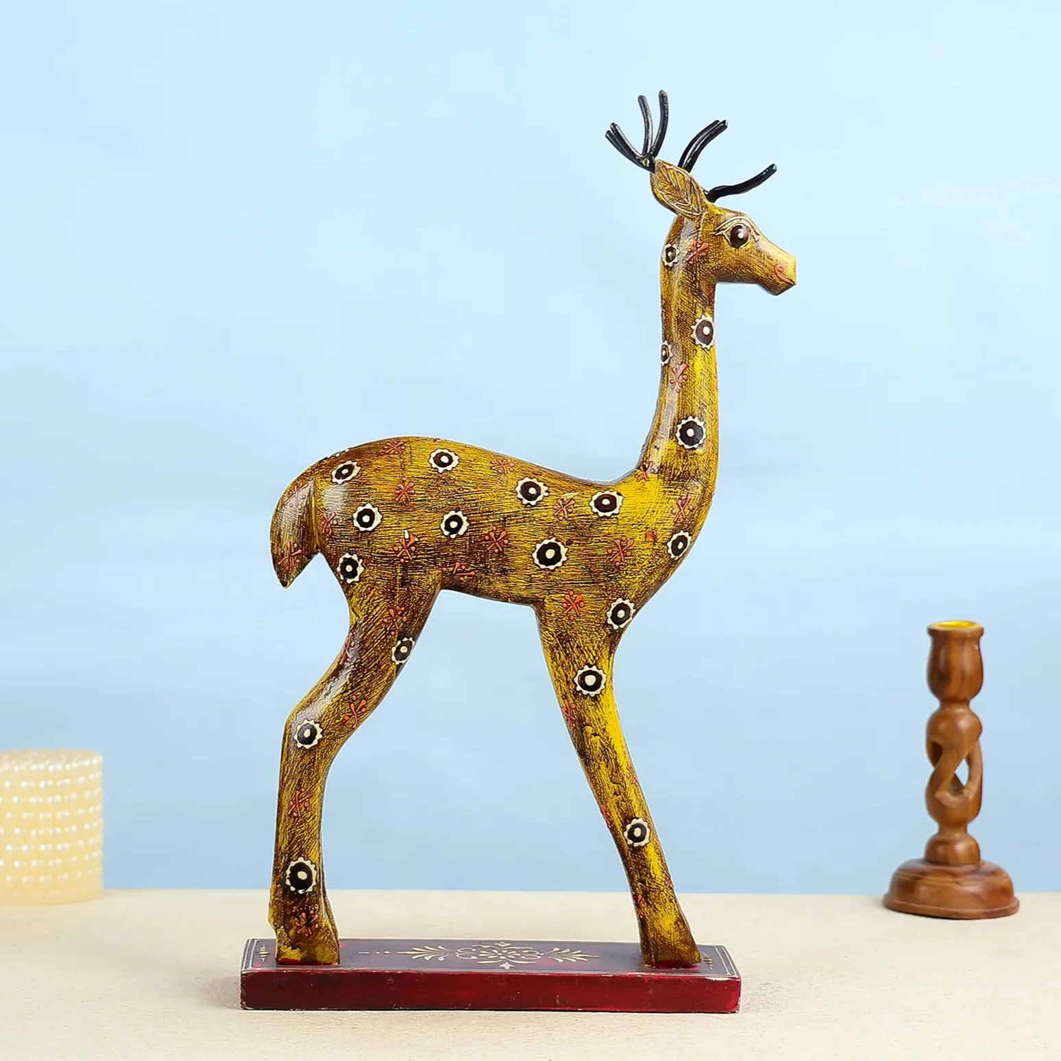 Hand painted Carved Wooden Deer With Intricate Art Design Table Decor