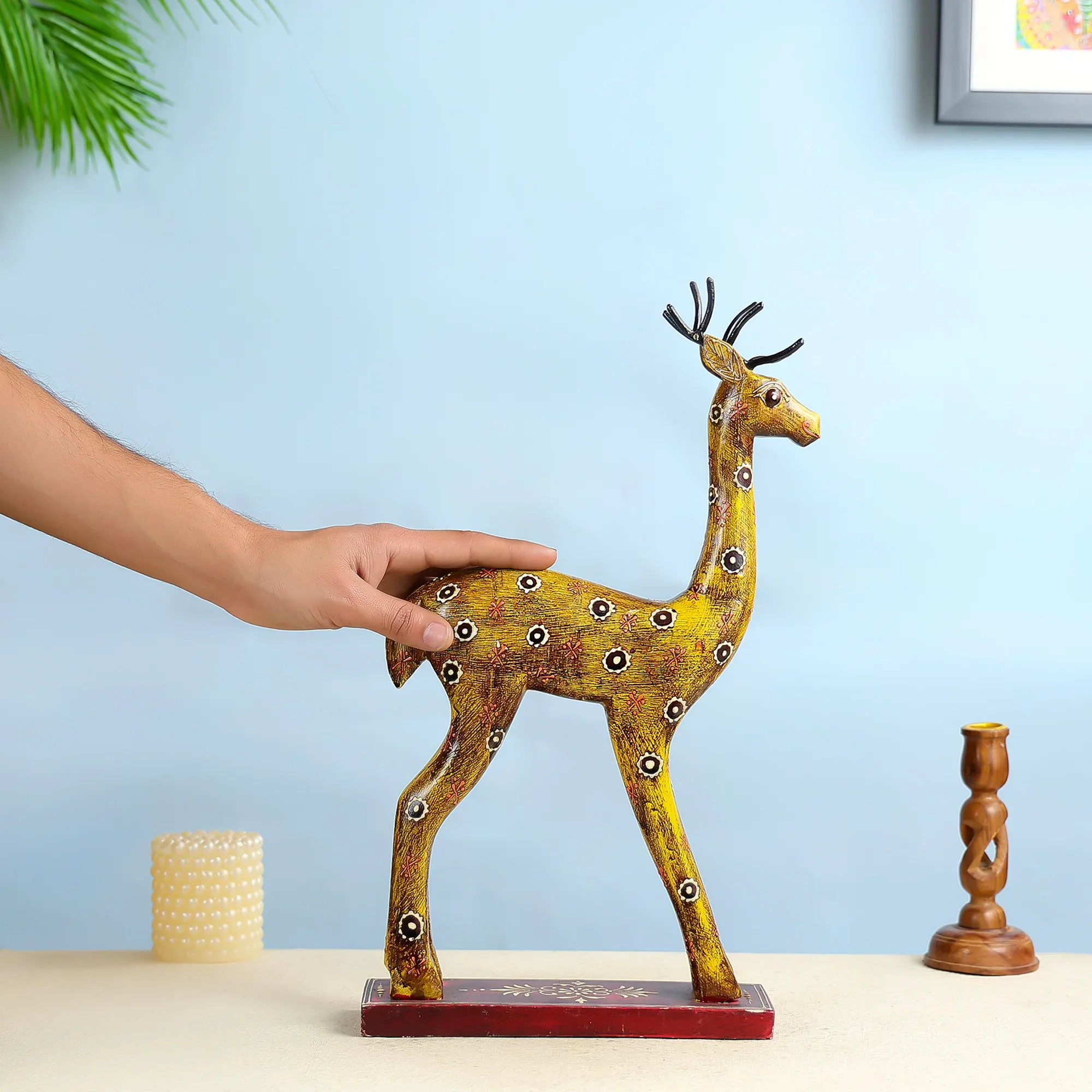 Hand painted Carved Wooden Deer With Intricate Art Design Table Decor - Image 2