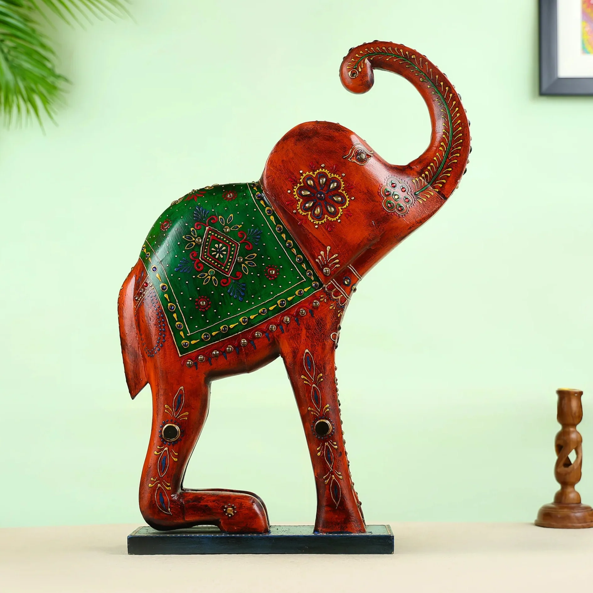 Hand painted Carved Wooden Welcoming Elephant Table Decor