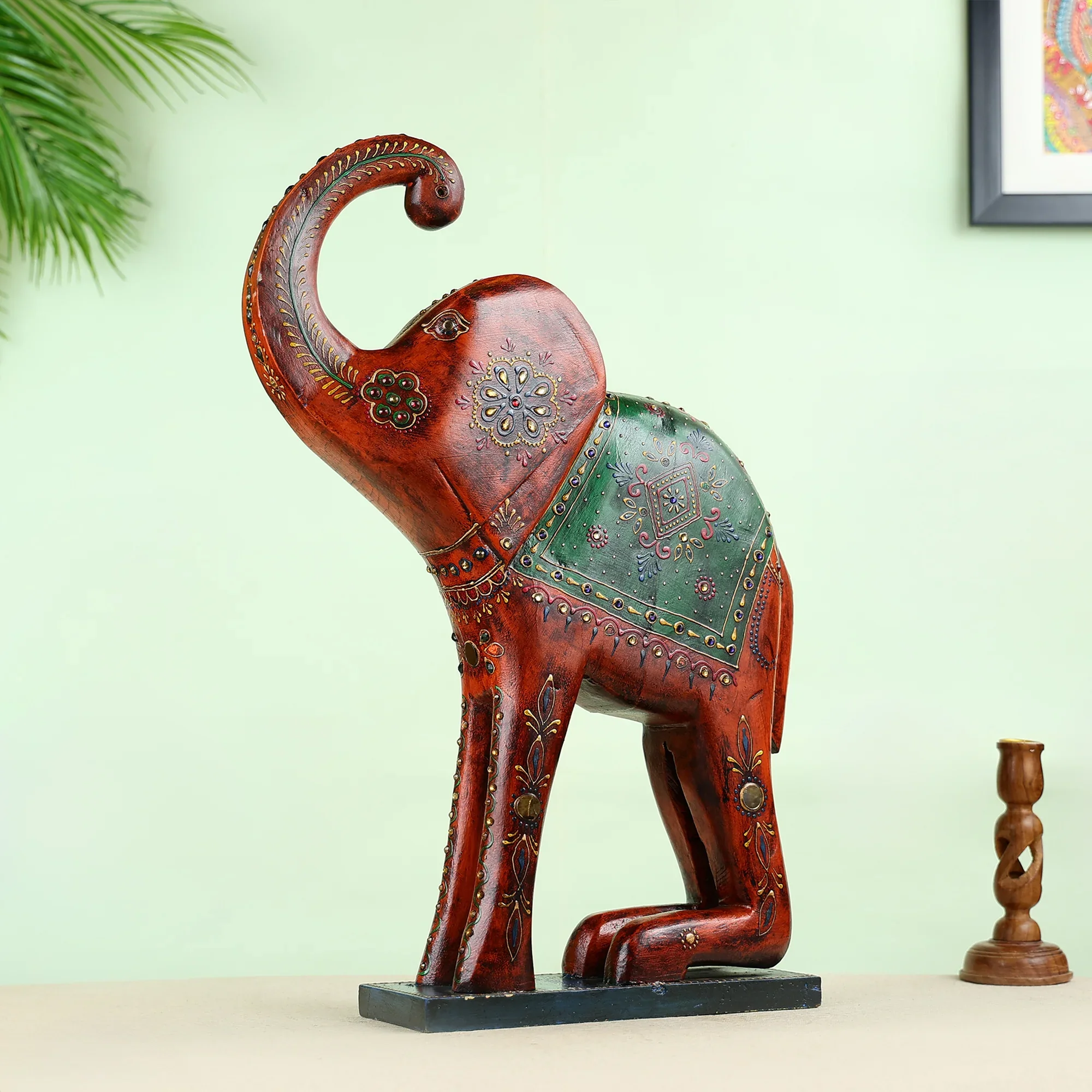 Hand painted Carved Wooden Welcoming Elephant Table Decor - Image 2