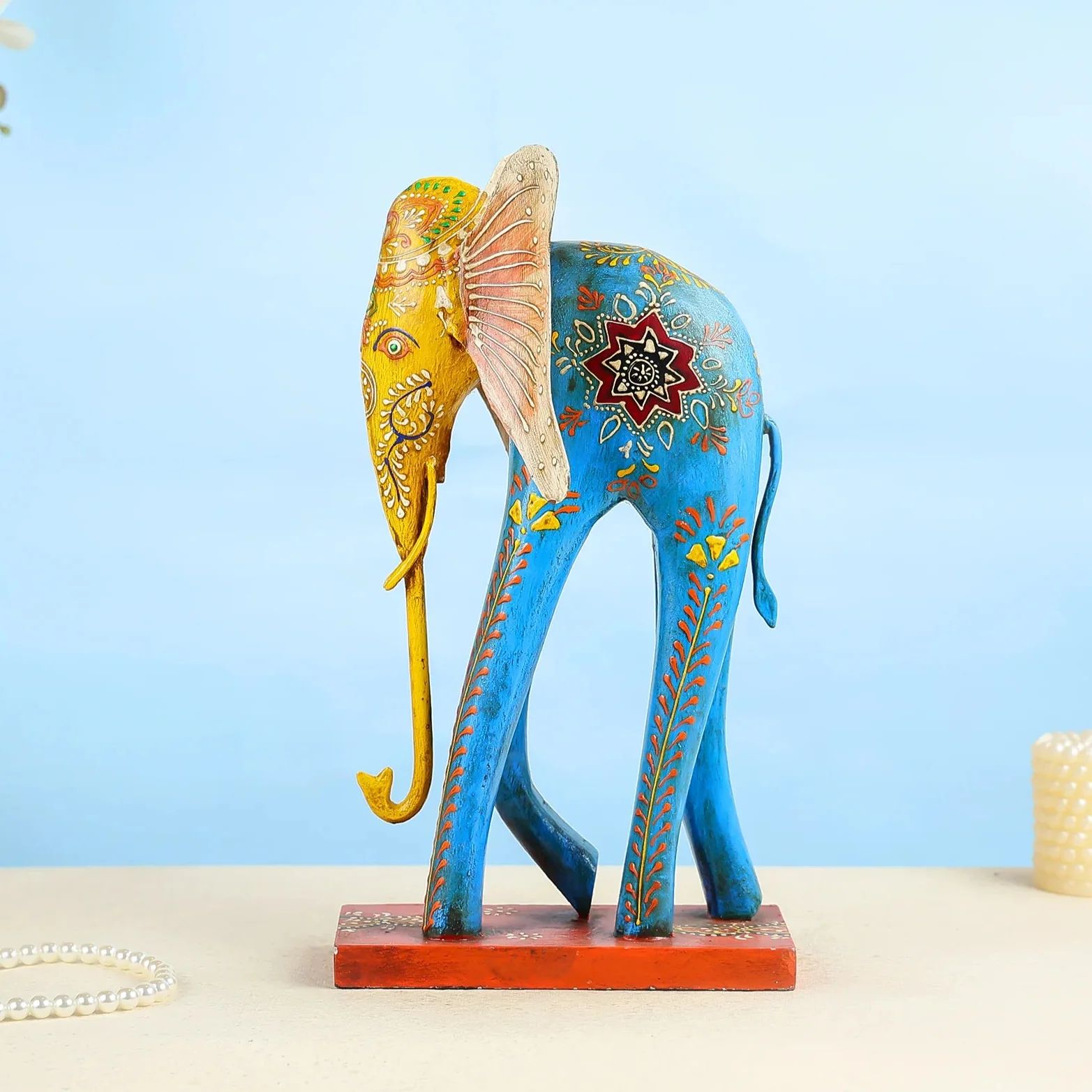 Hand Painted Carved Wood & Iron Elephant Table Decor