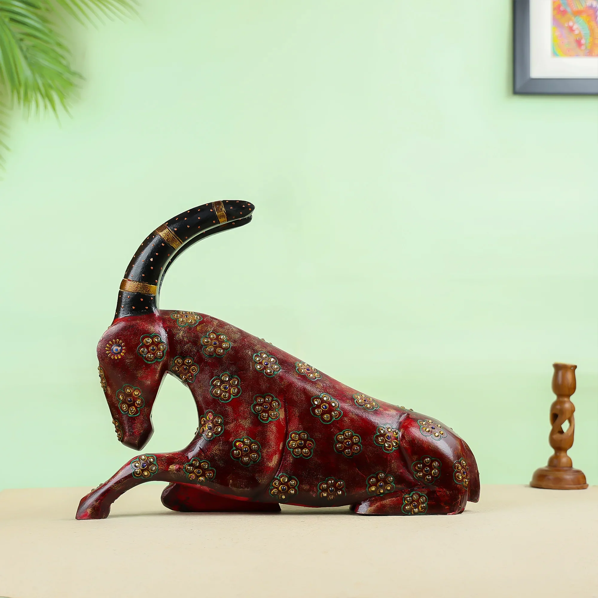 Hand painted Carved Wooden Goat Table Decor