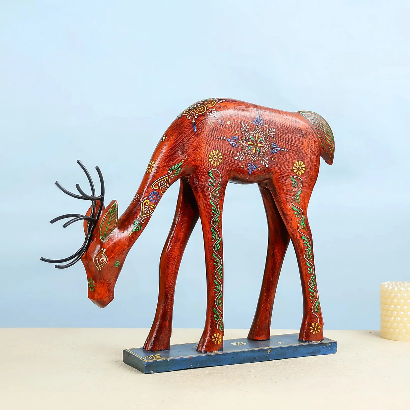 Hand Painted Wooden Carved Grazing Deer Table Decor