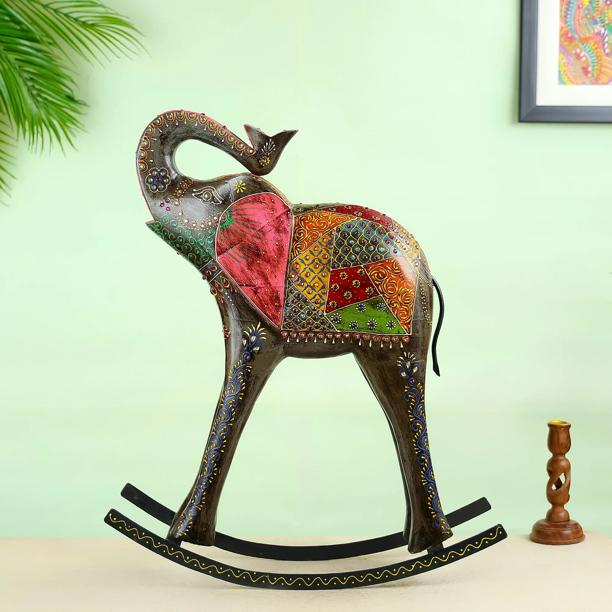 Handcrafted Wooden Rocking Elephant With Colourful Patchwork - Image 3