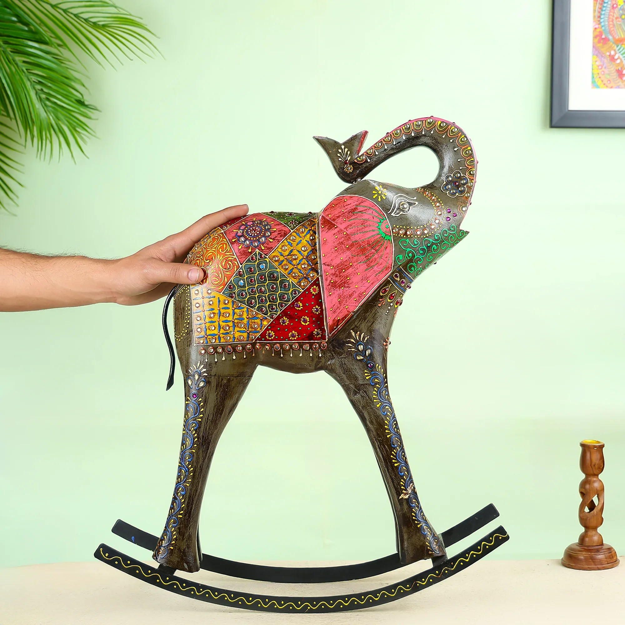 Handcrafted Wooden Rocking Elephant With Colourful Patchwork - Image 4