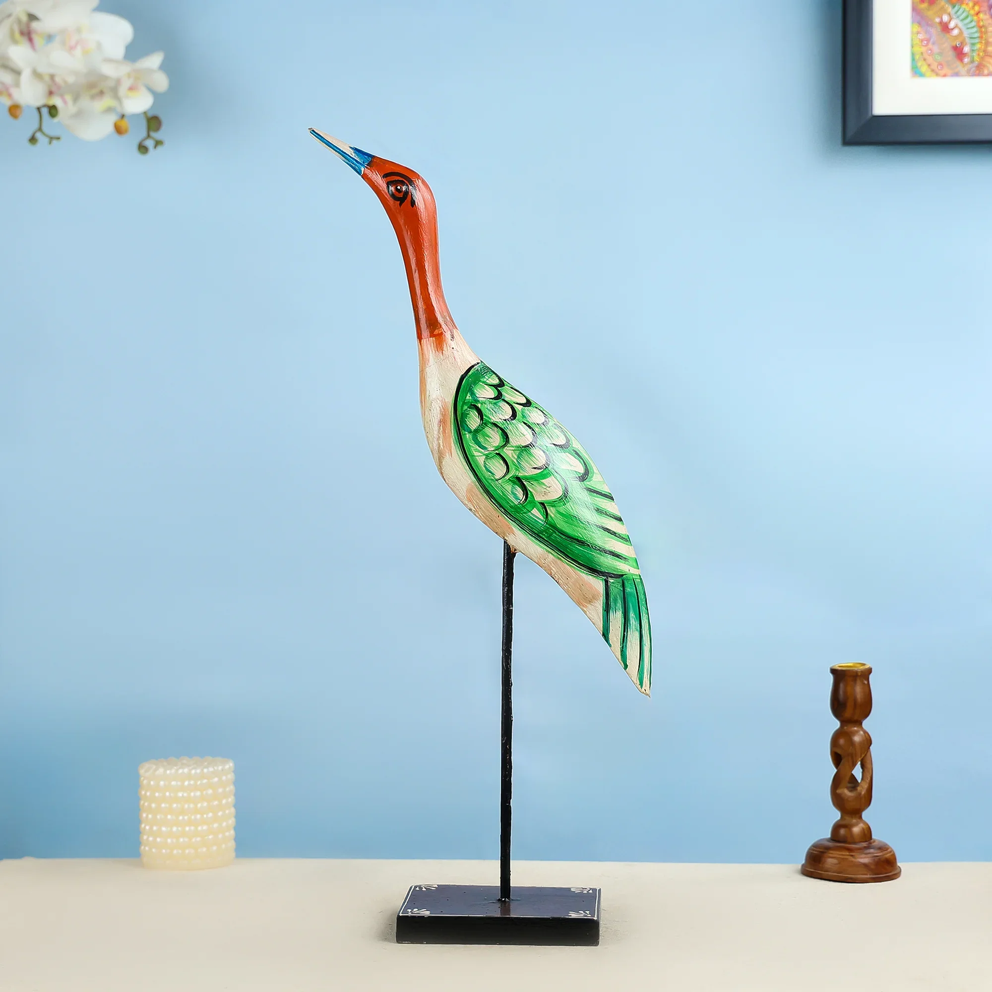 Hand painted Carved Wooden Crane Figurine with Iron Stand Table Decor