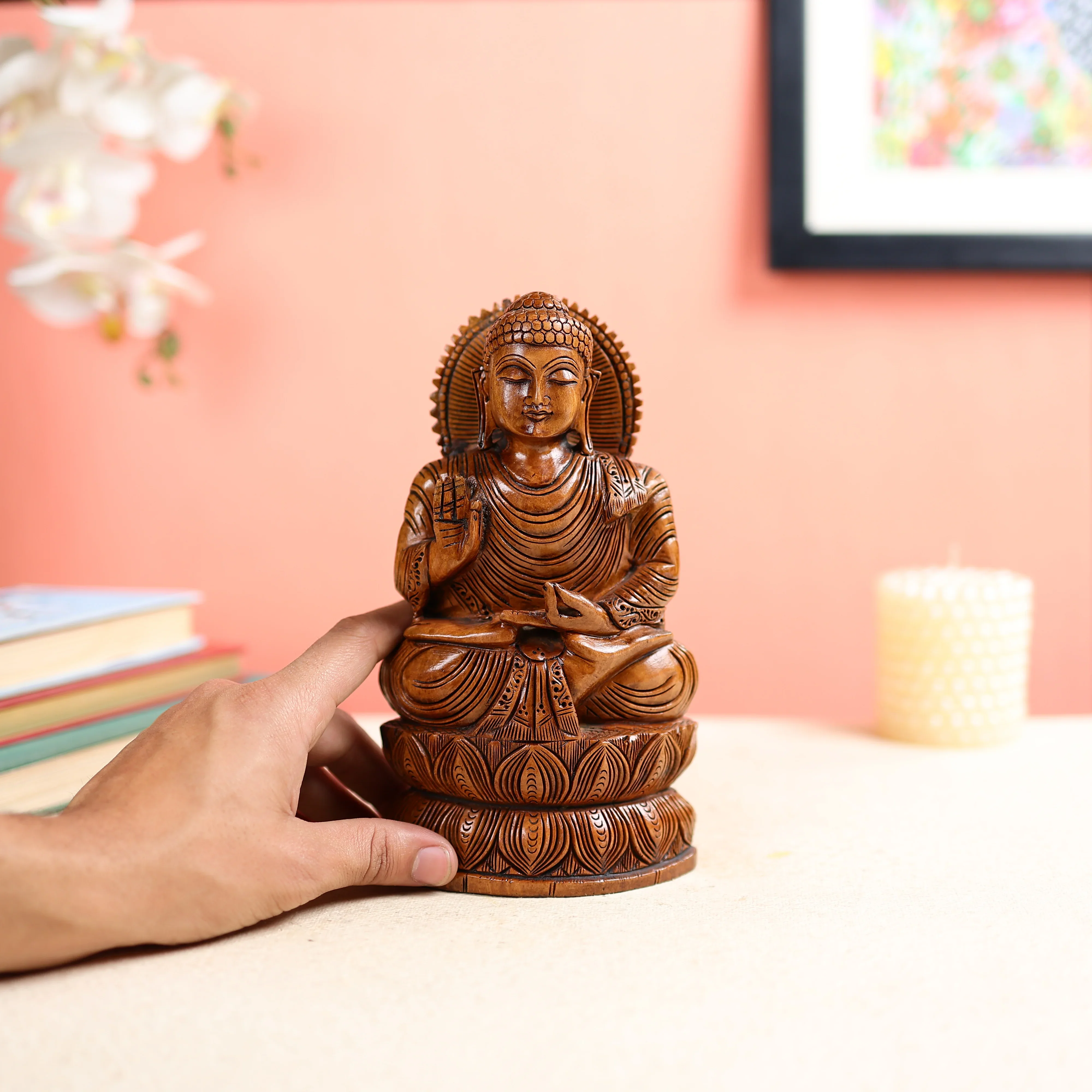 Kadam Wood Carved Lord Buddha In Dharma Chakra Posture - Image 4