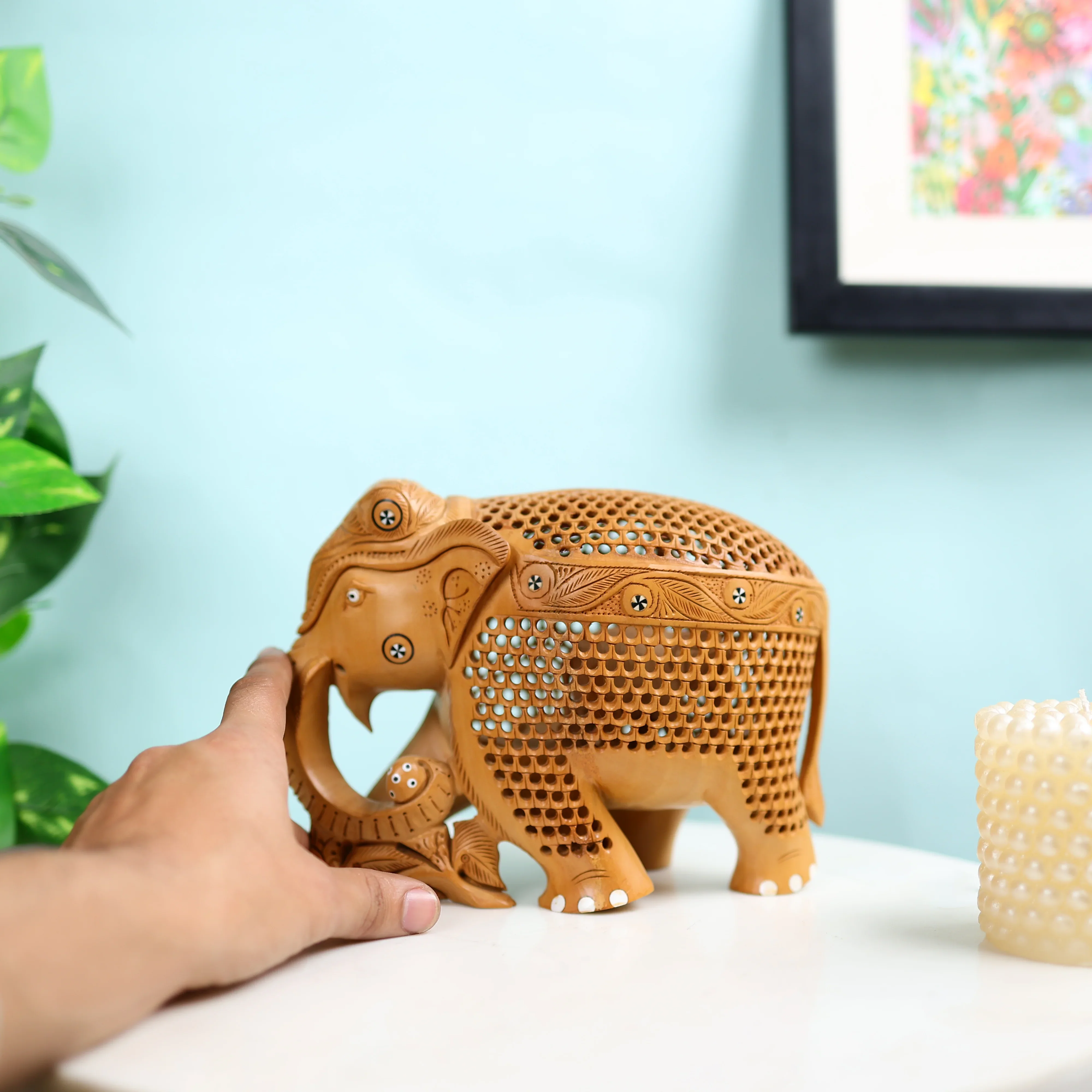 Kadam Wood Undercut Fine Inlay Elephant Table Decor - Image 3