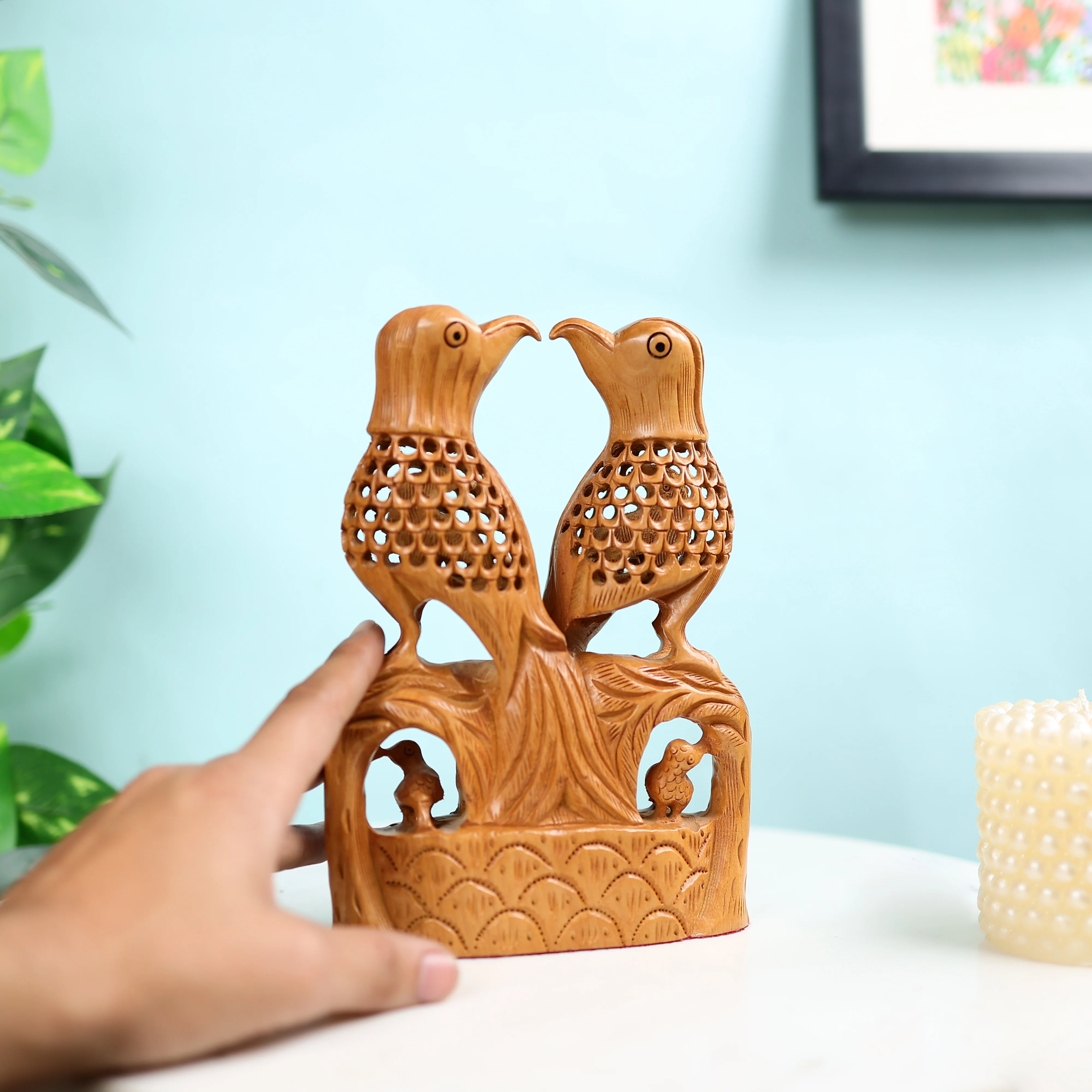 Kadam Wood Undercut Fine Love Birds Table Decor - Large - Image 3