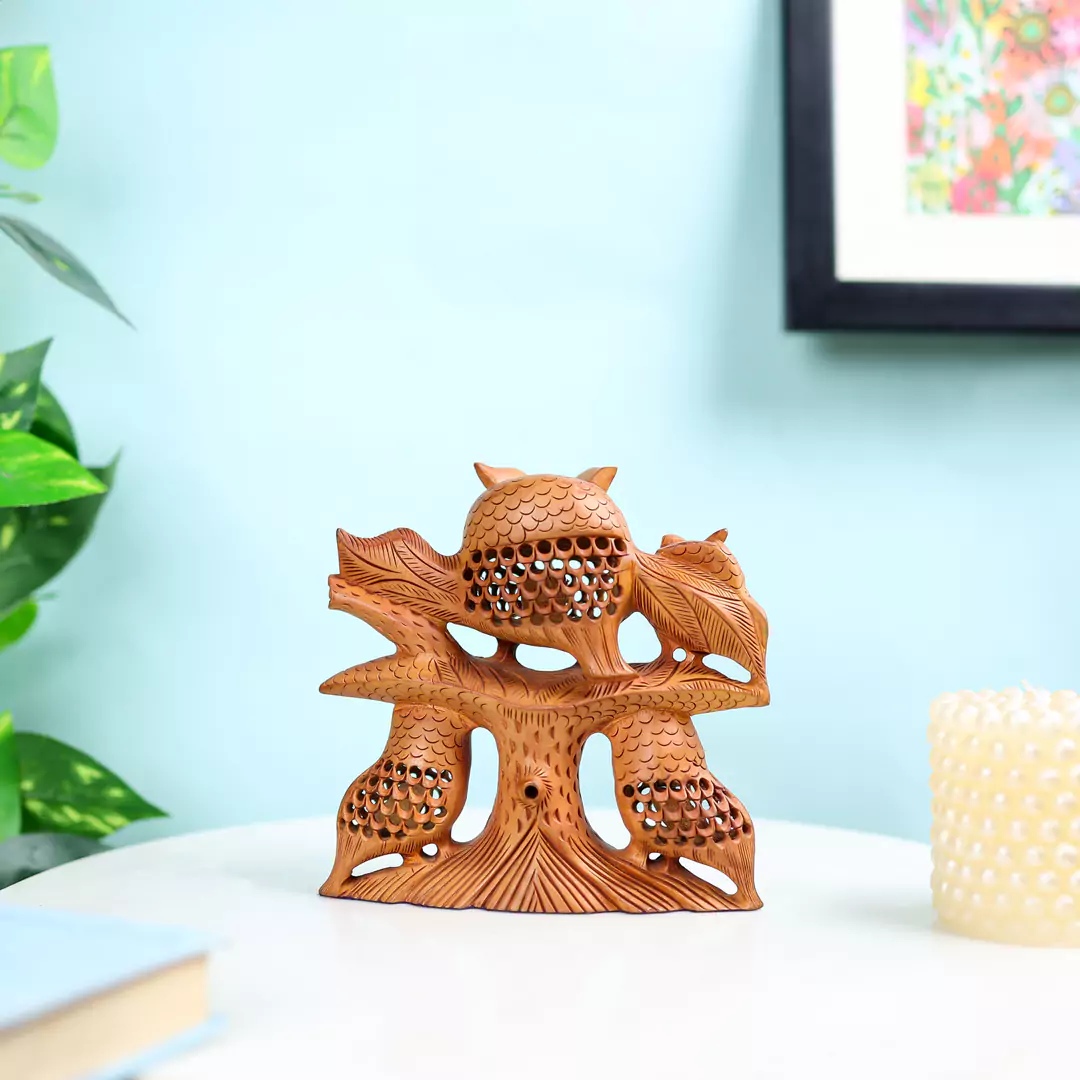 6.5" Kadam Wood Carved Owl Family Table Decor - Image 5