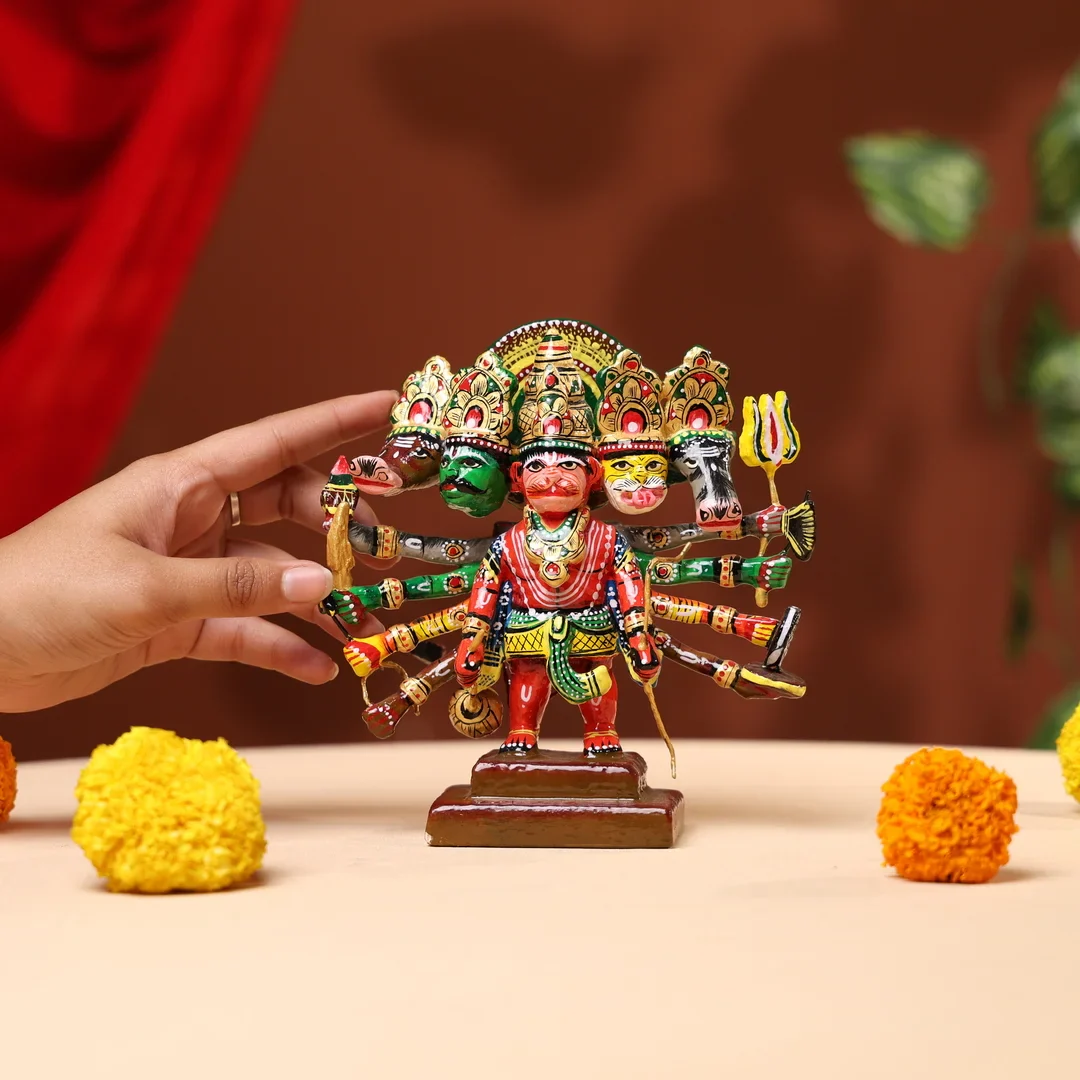 Lacquer Wooden Handpainted Panchmukhi Hanumanji - Image 3
