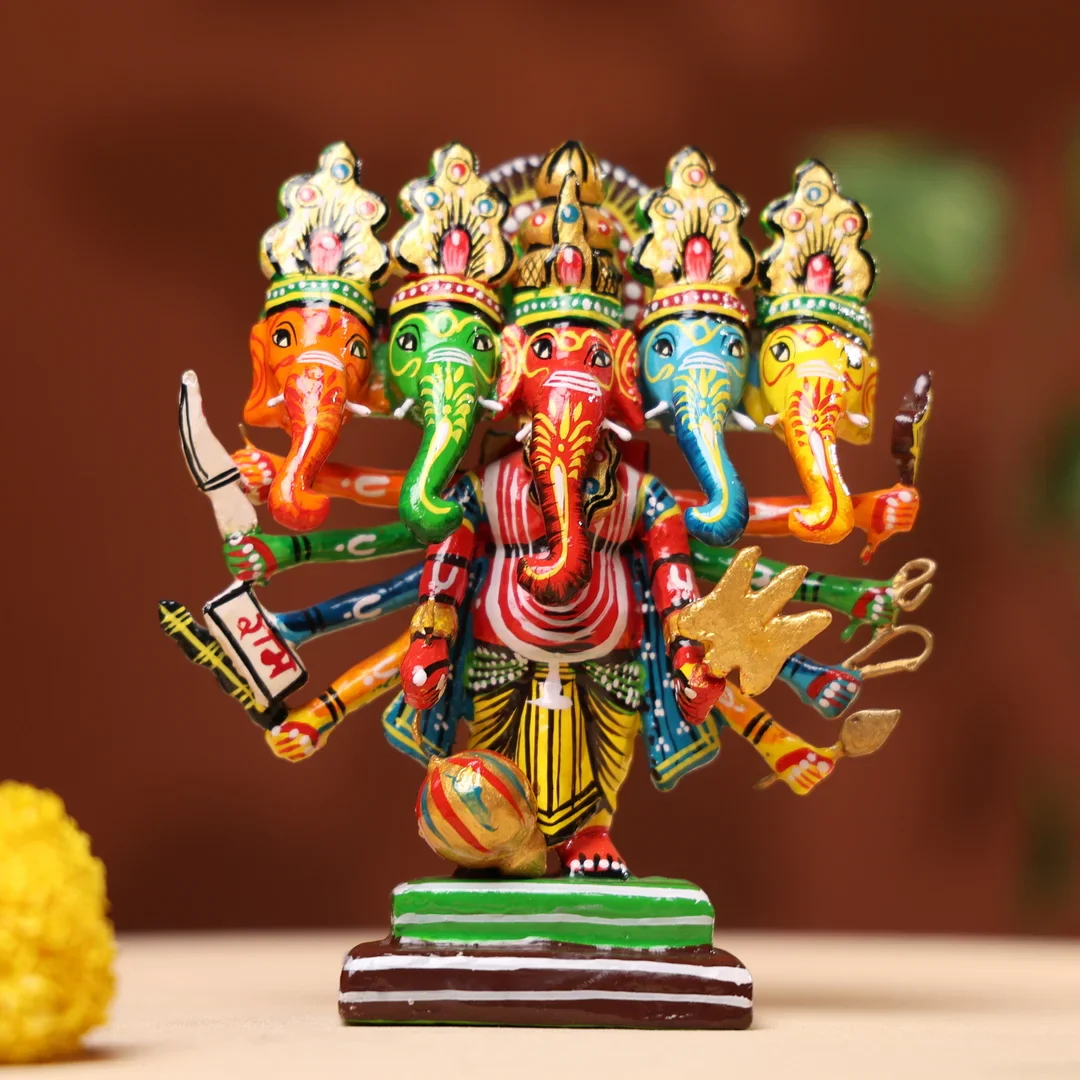 Lacquer Wooden Handpainted Panchmukhi Lord Ganesha