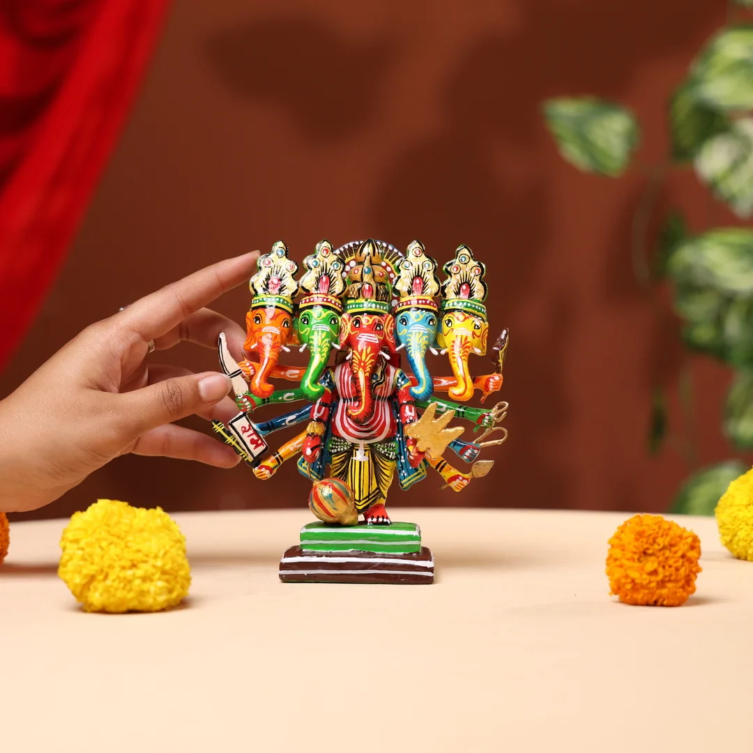 Lacquer Wooden Handpainted Panchmukhi Lord Ganesha - Image 2
