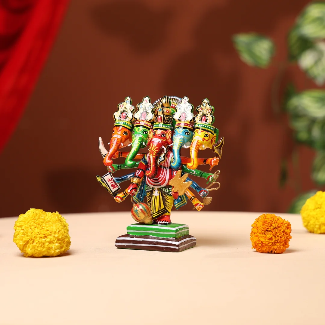 Lacquer Wooden Handpainted Panchmukhi Lord Ganesha - Image 3
