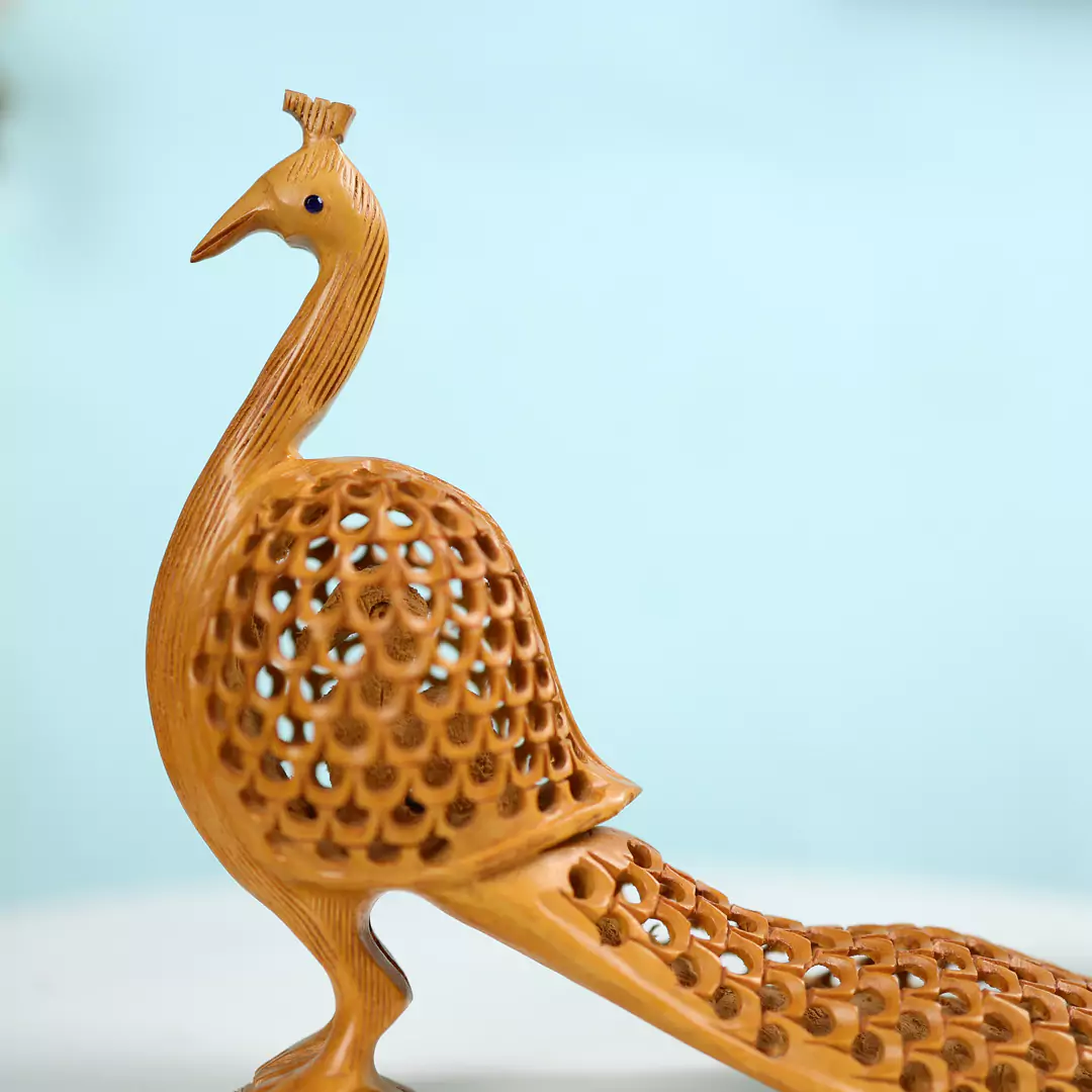 Hand Carved Kadam Wood Long Tailed Undercut Peacock Table Decor - Image 5
