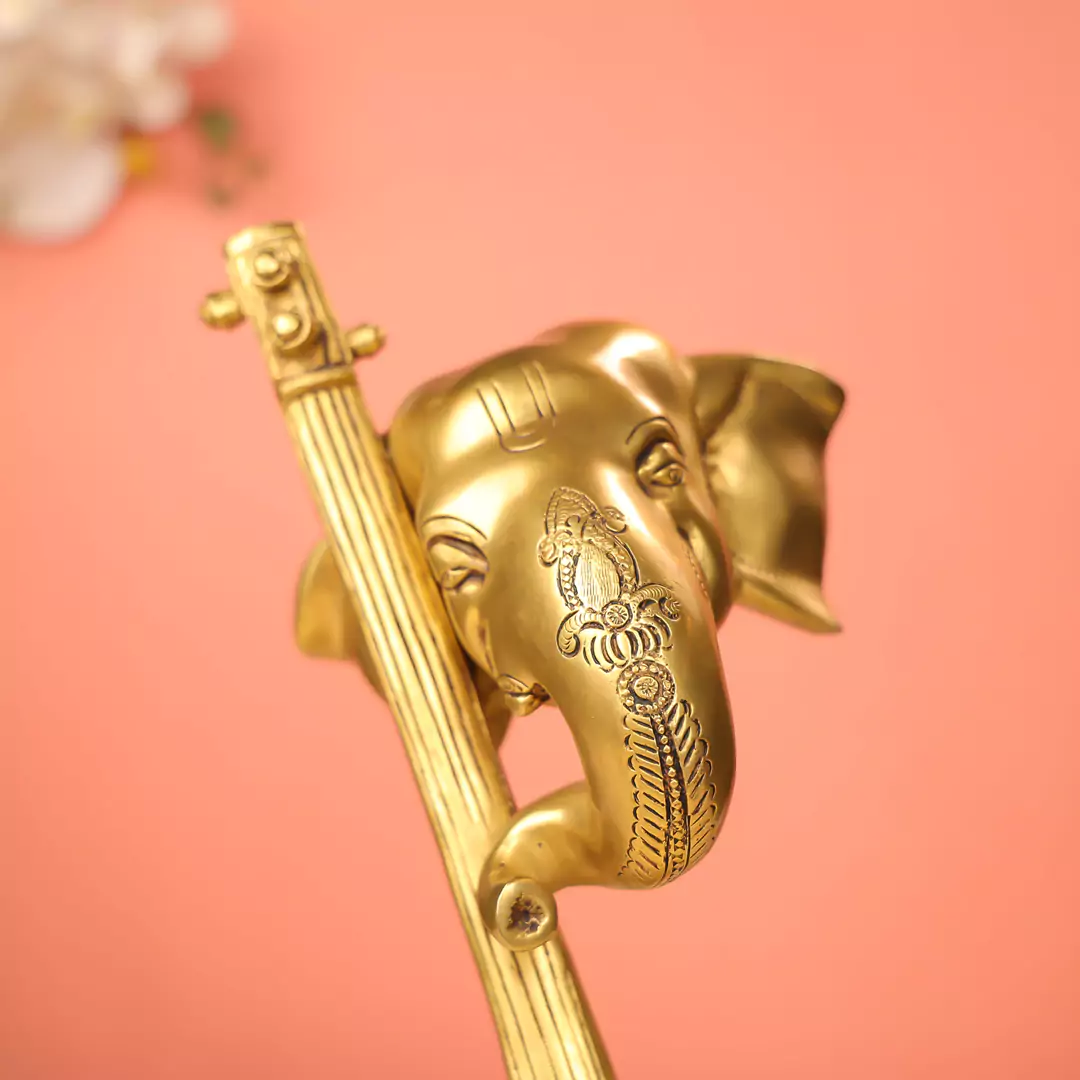 Lord Ganesh Mukh With Veena Brass Idol - Image 4
