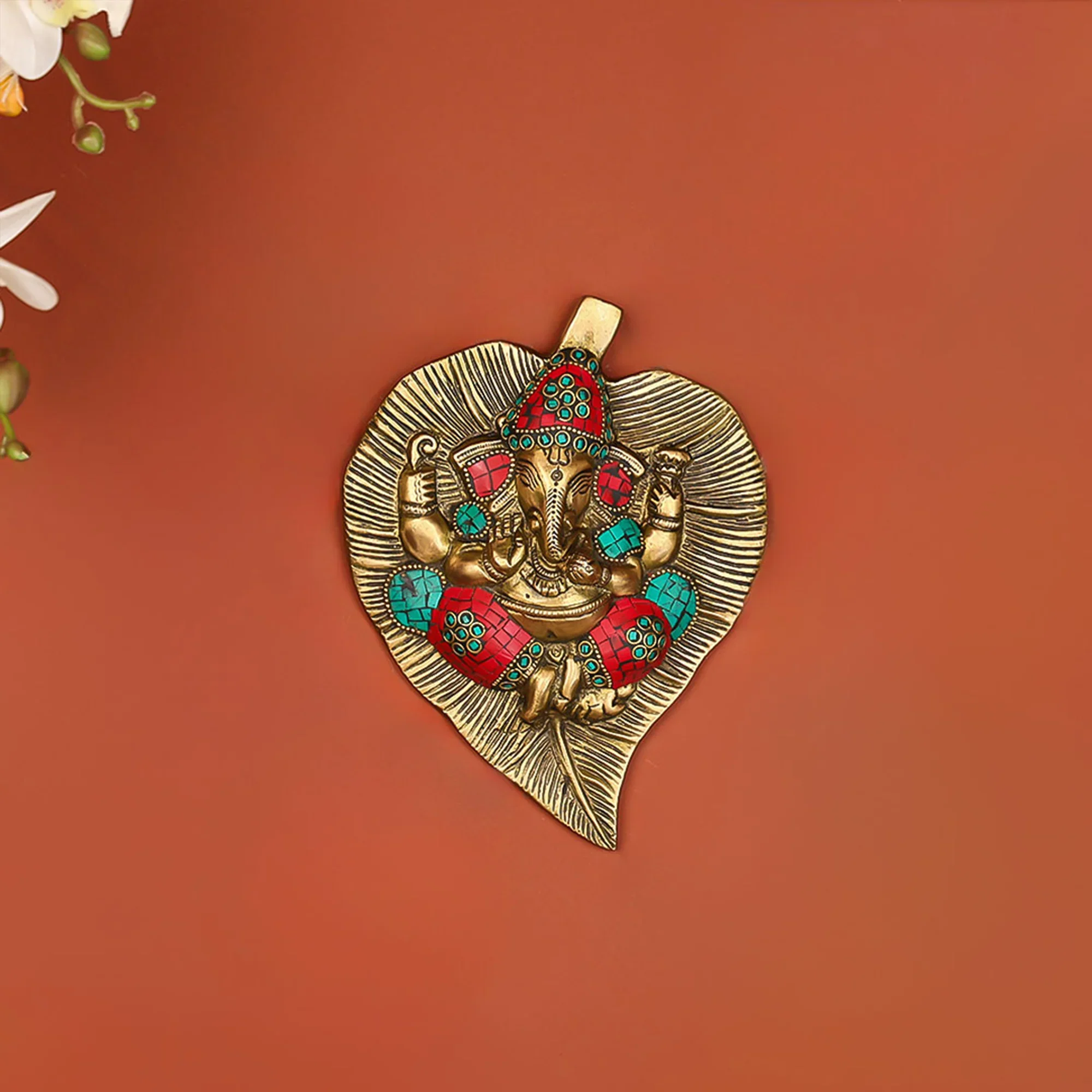 Brass Stonework Lord Ganesha On Leaf Wall Hanging