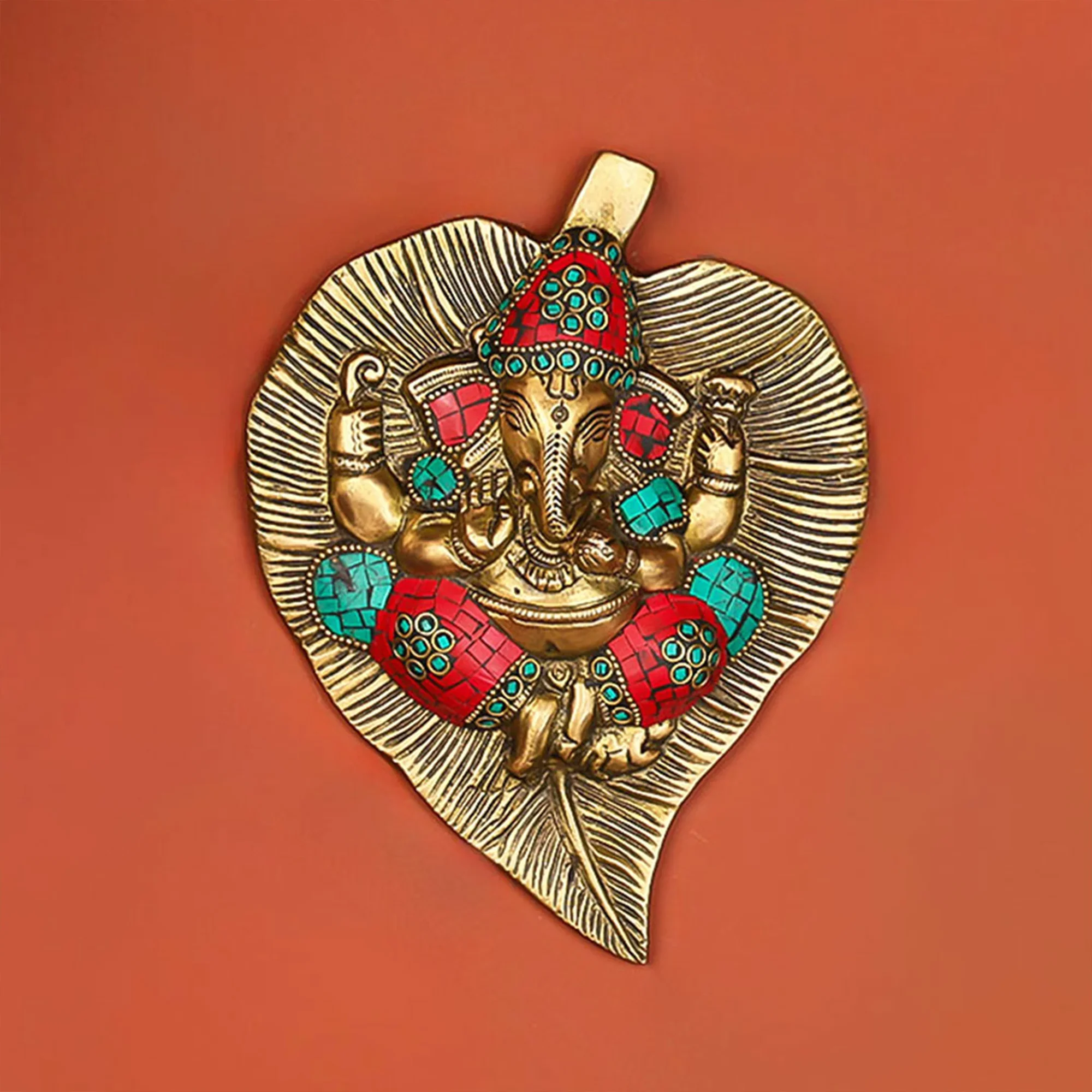 Brass Stonework Lord Ganesha On Leaf Wall Hanging - Image 2