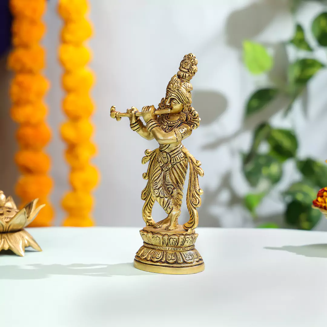 Lord Krishna Brass Statue Playing Flute - Image 2