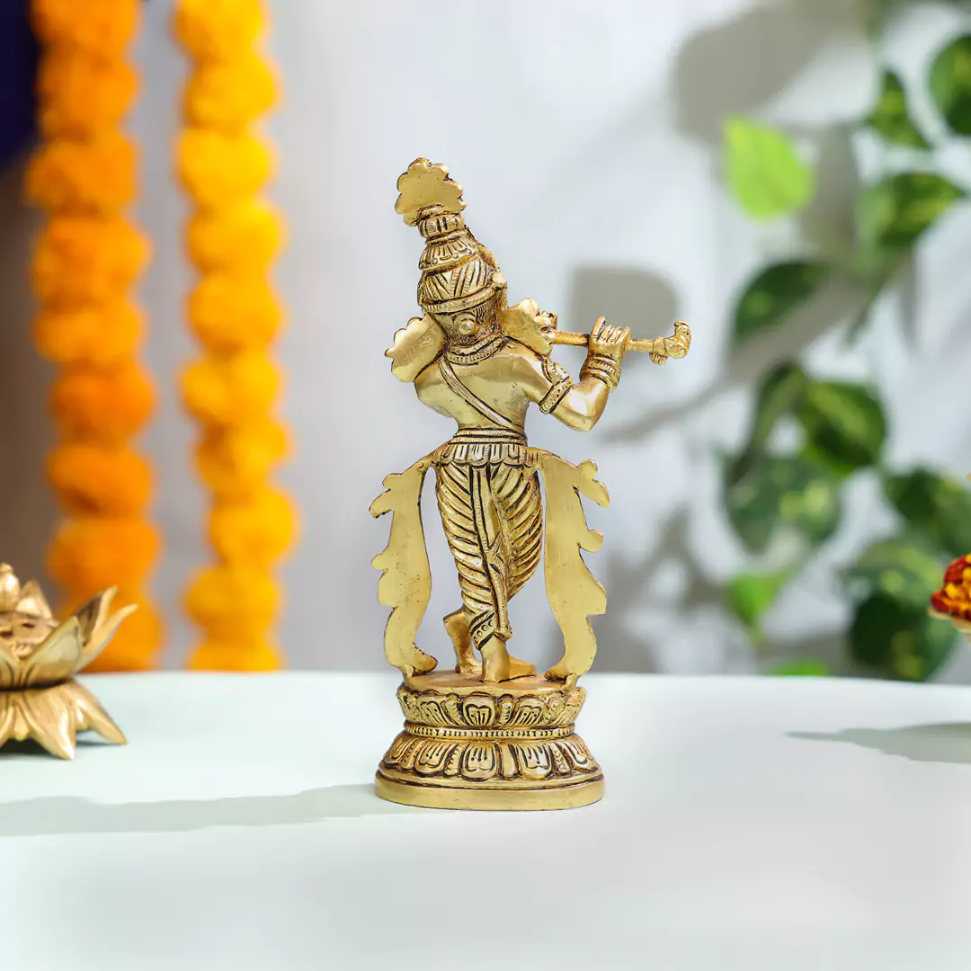 Lord Krishna Brass Statue Playing Flute - Image 3