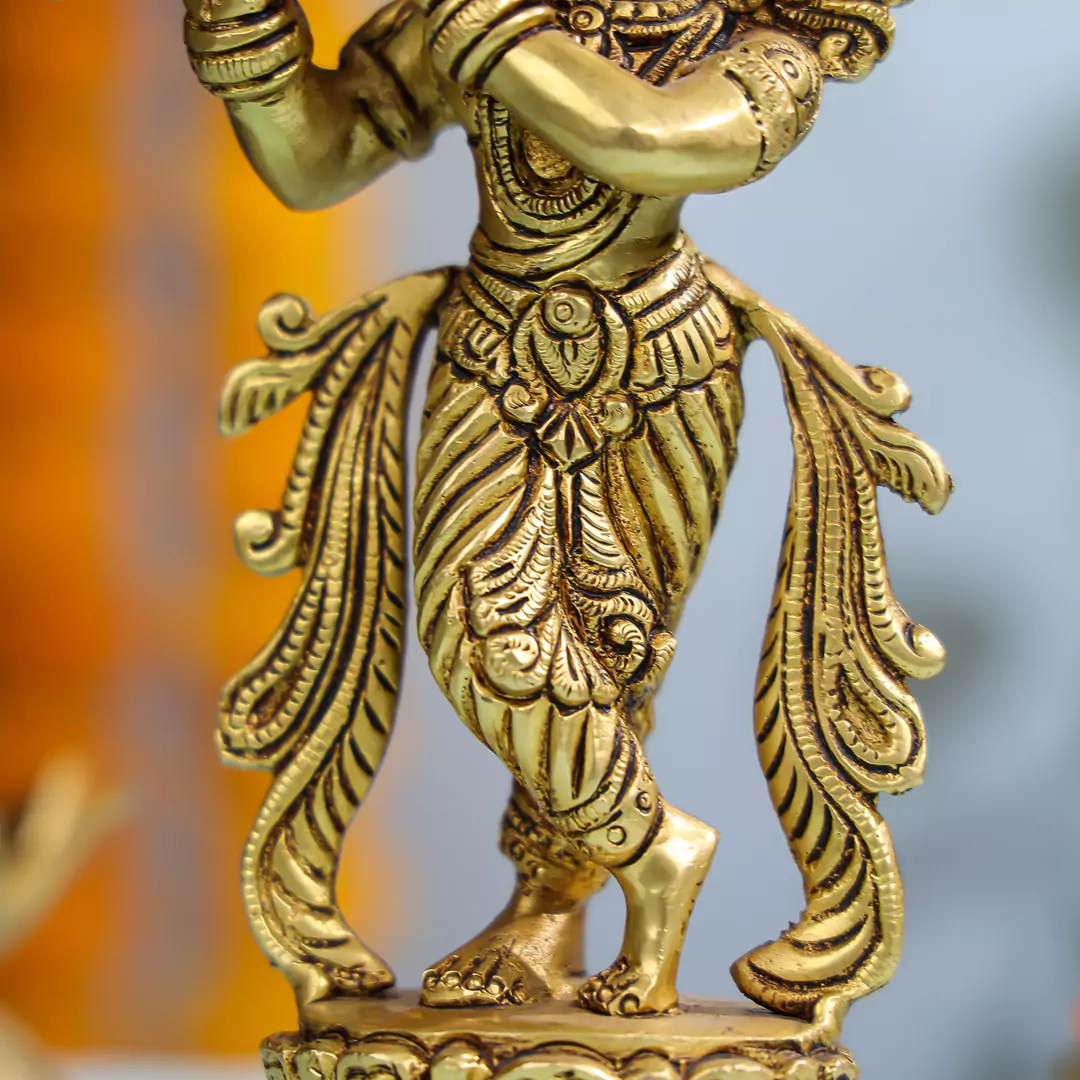 Lord Krishna Brass Statue Playing Flute - Image 5
