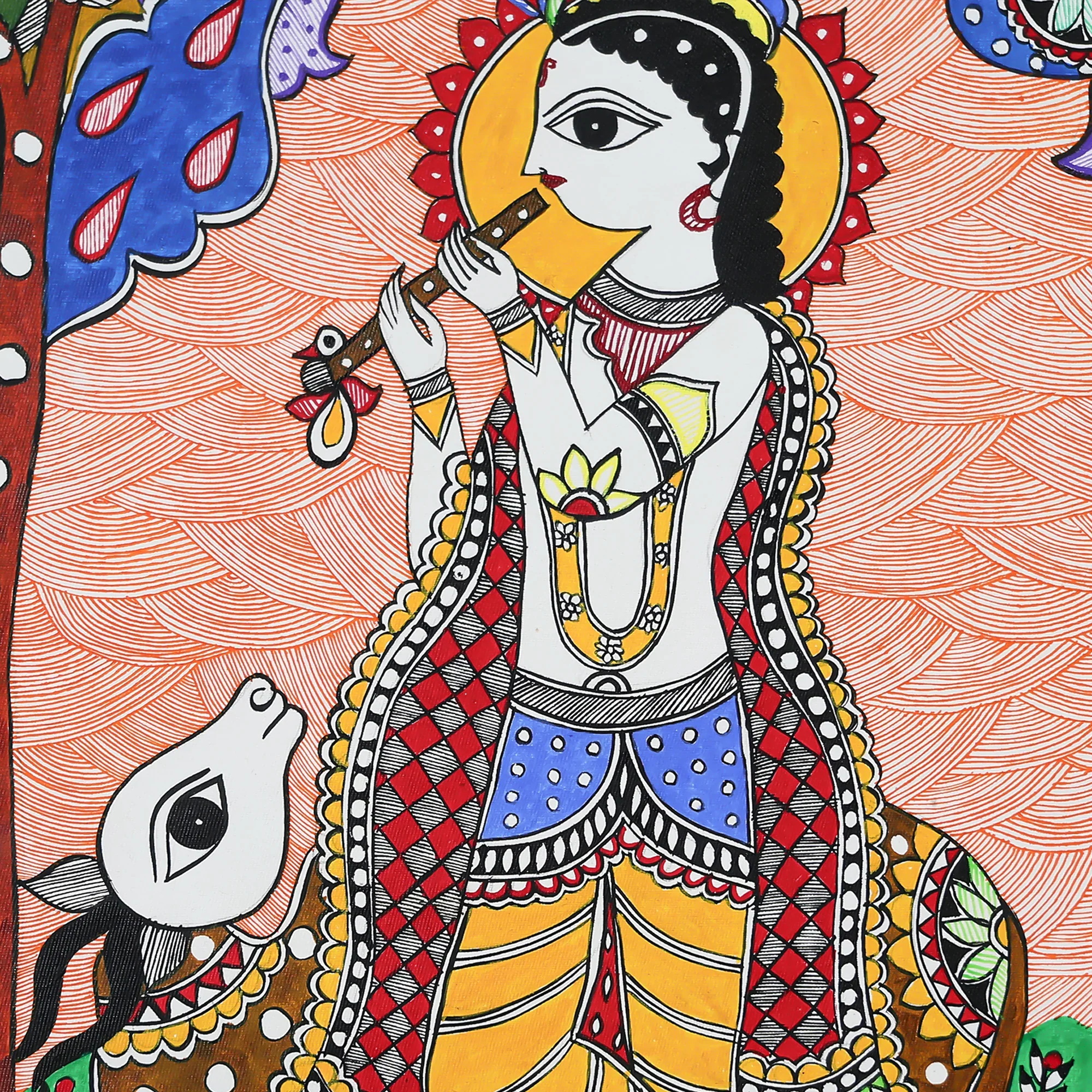 Glass Framed Madhubani Art - Lord Krishna Playing His Flute Under A Tree With Peacocks - Image 3