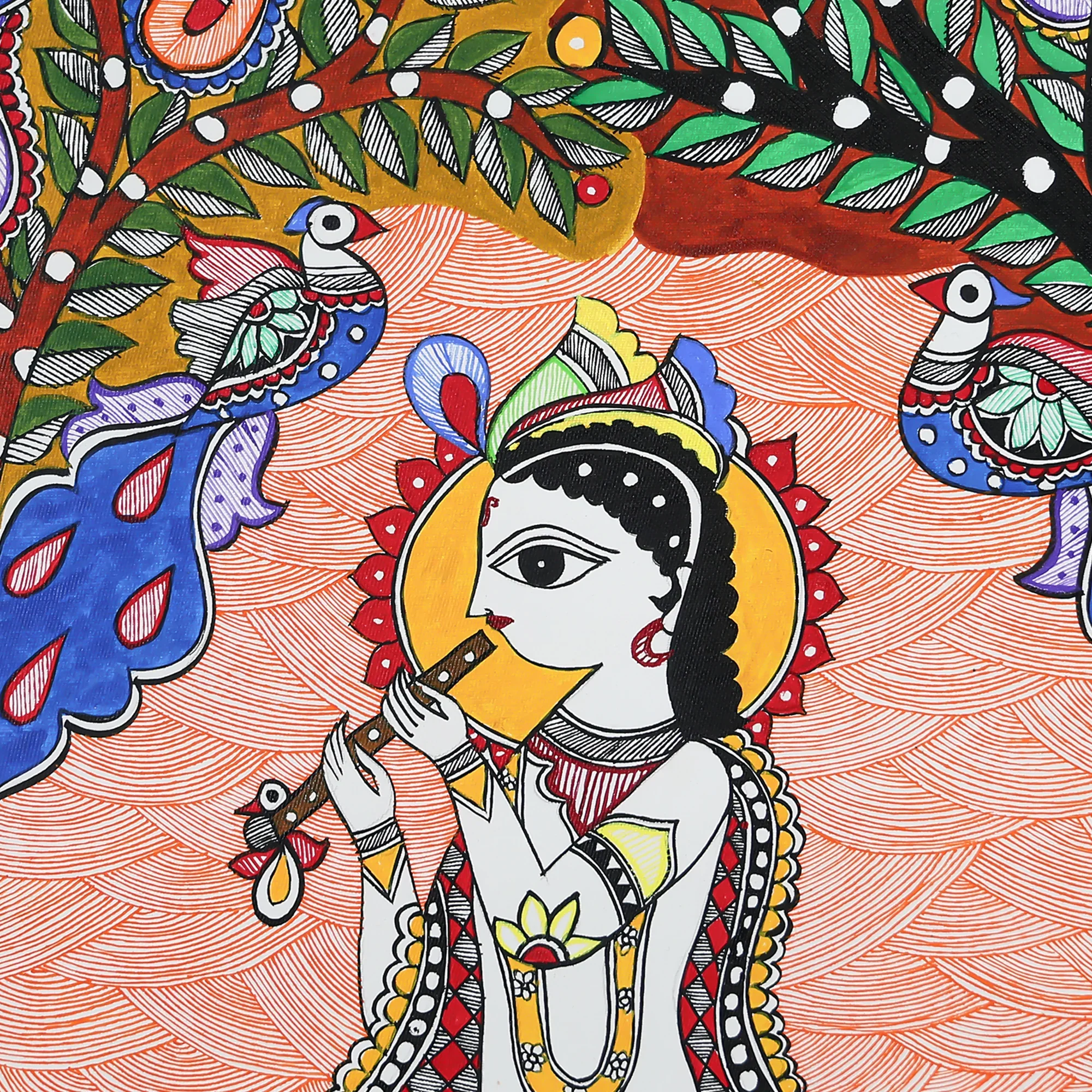 Glass Framed Madhubani Art - Lord Krishna Playing His Flute Under A Tree With Peacocks - Image 4