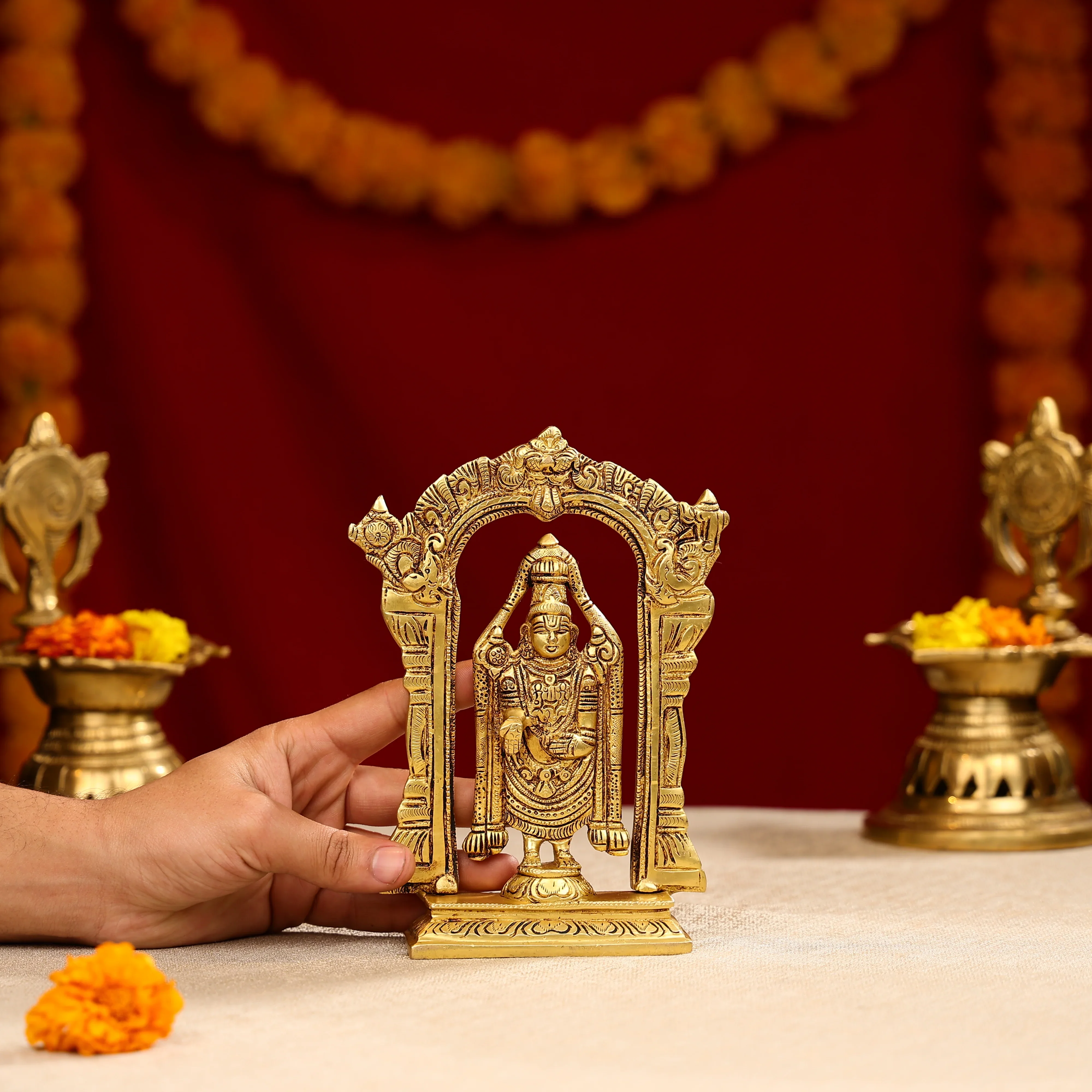 14" Super Fine Brass Lord Tirupati Balaji Idol In Traditional Temple Style - Image 4
