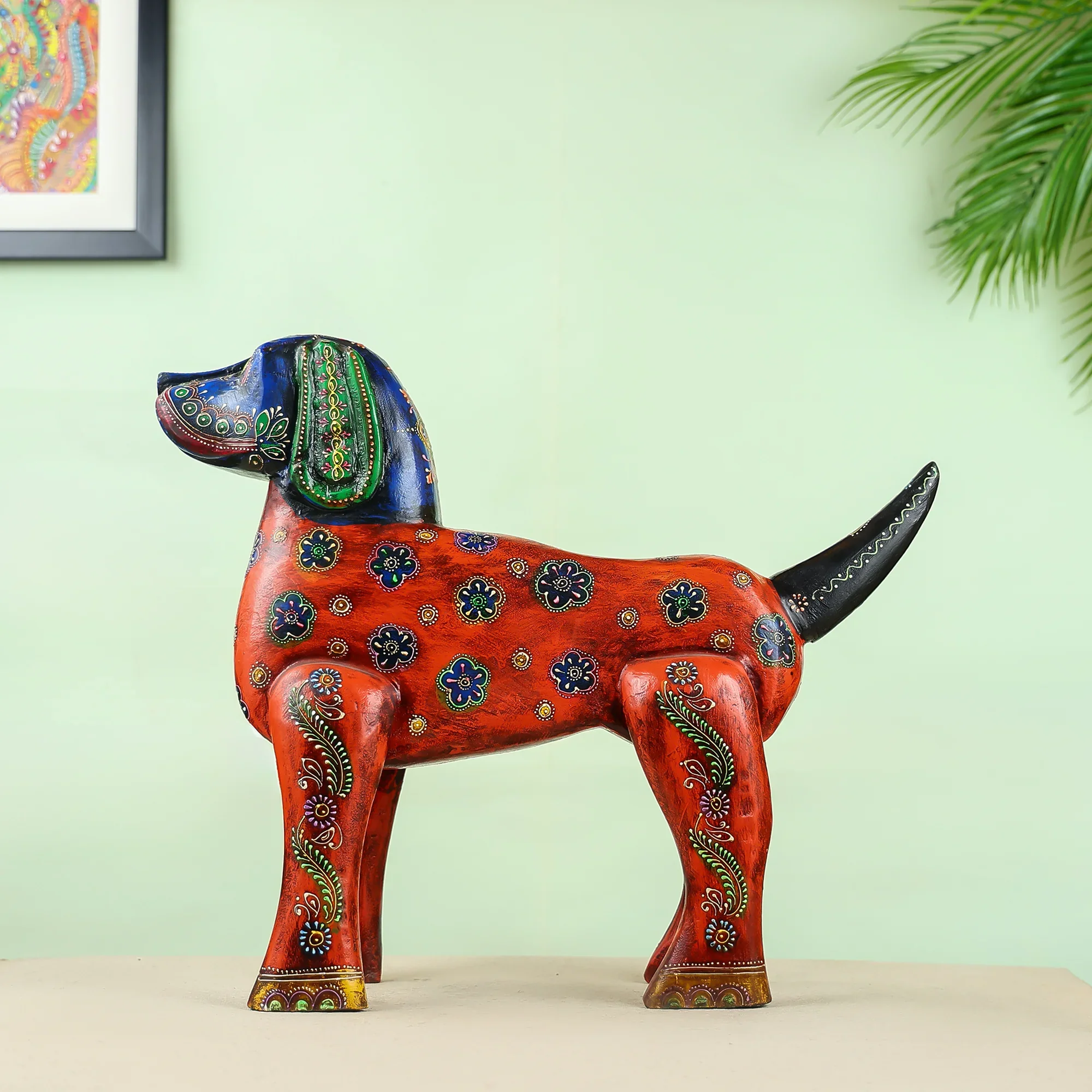 Wooden Carved Hand-Painted Folk Art Dog Figurine