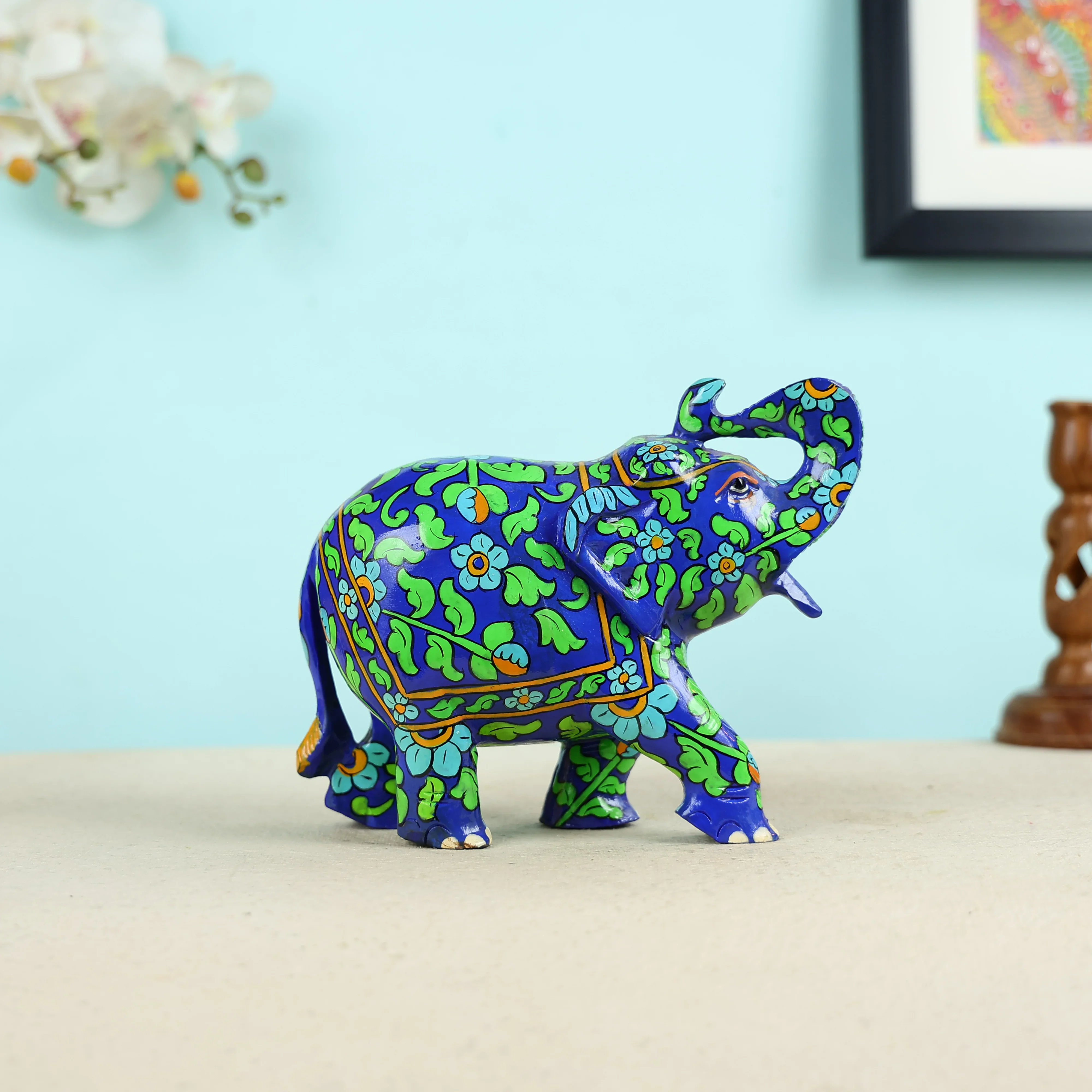 Mango Wood Carved Blue Elephant Table Decor - Image 3