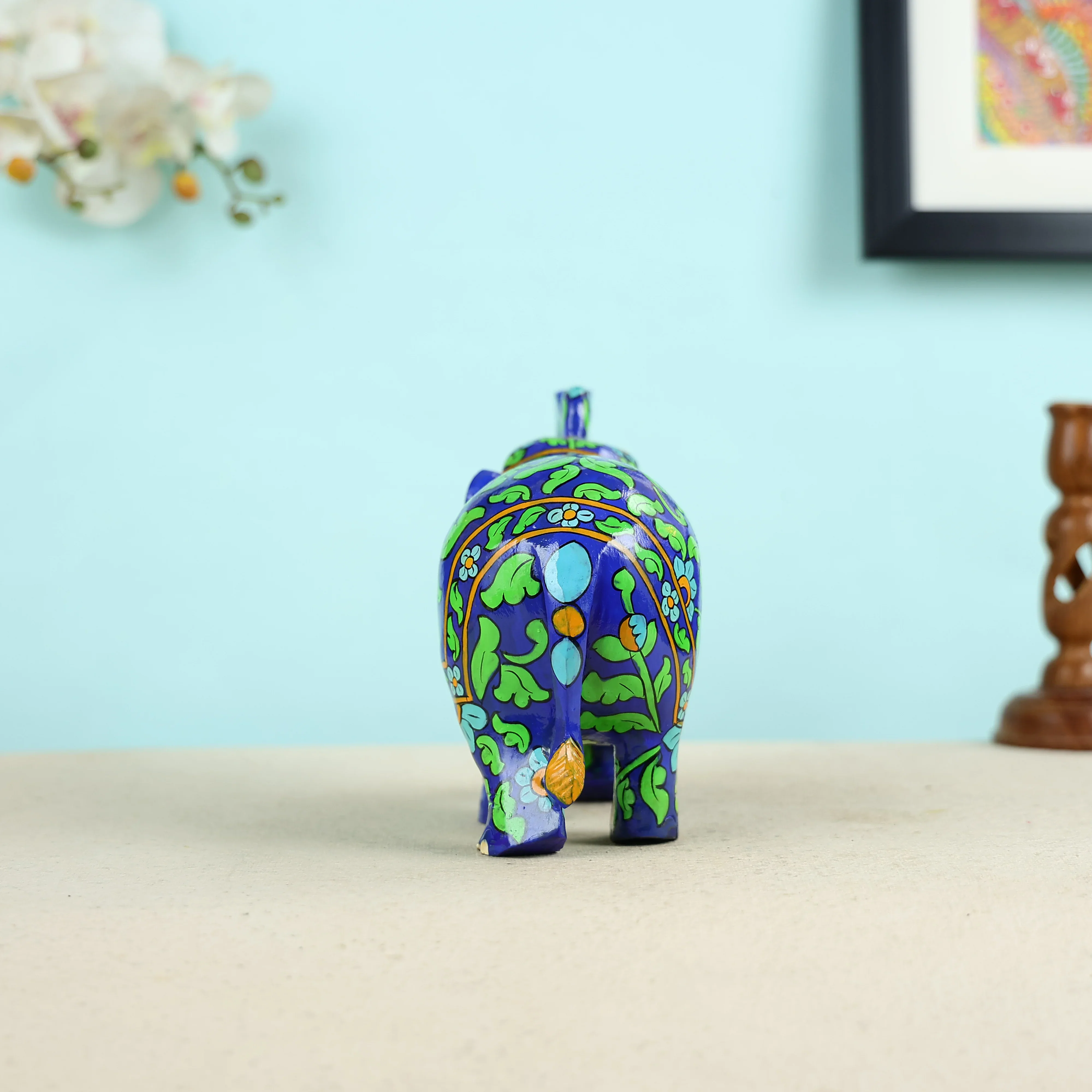 Mango Wood Carved Blue Elephant Table Decor - Image 4