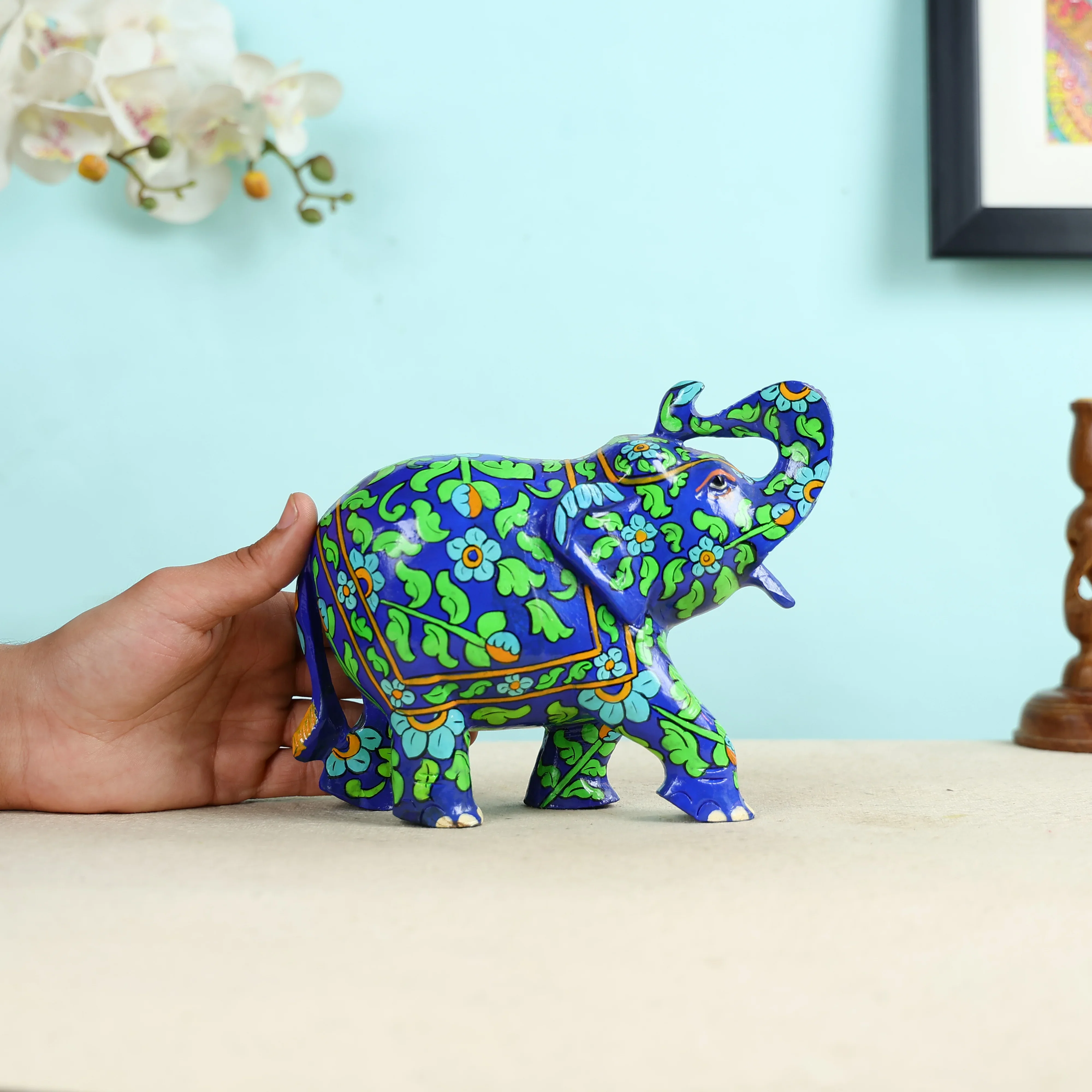 Mango Wood Carved Blue Elephant Table Decor - Image 5