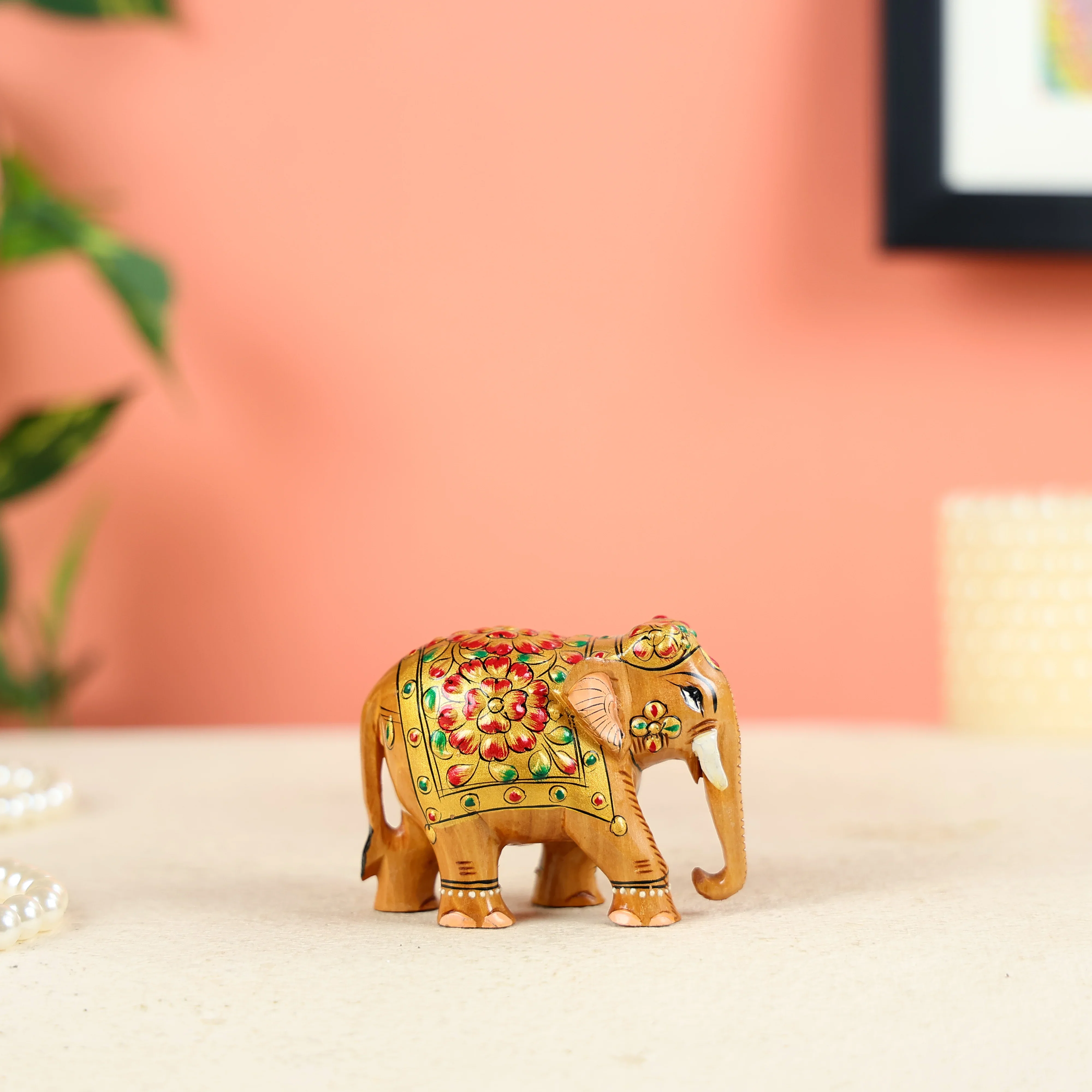Mango Wood Carved Elephant With Meenakari Work - Image 3