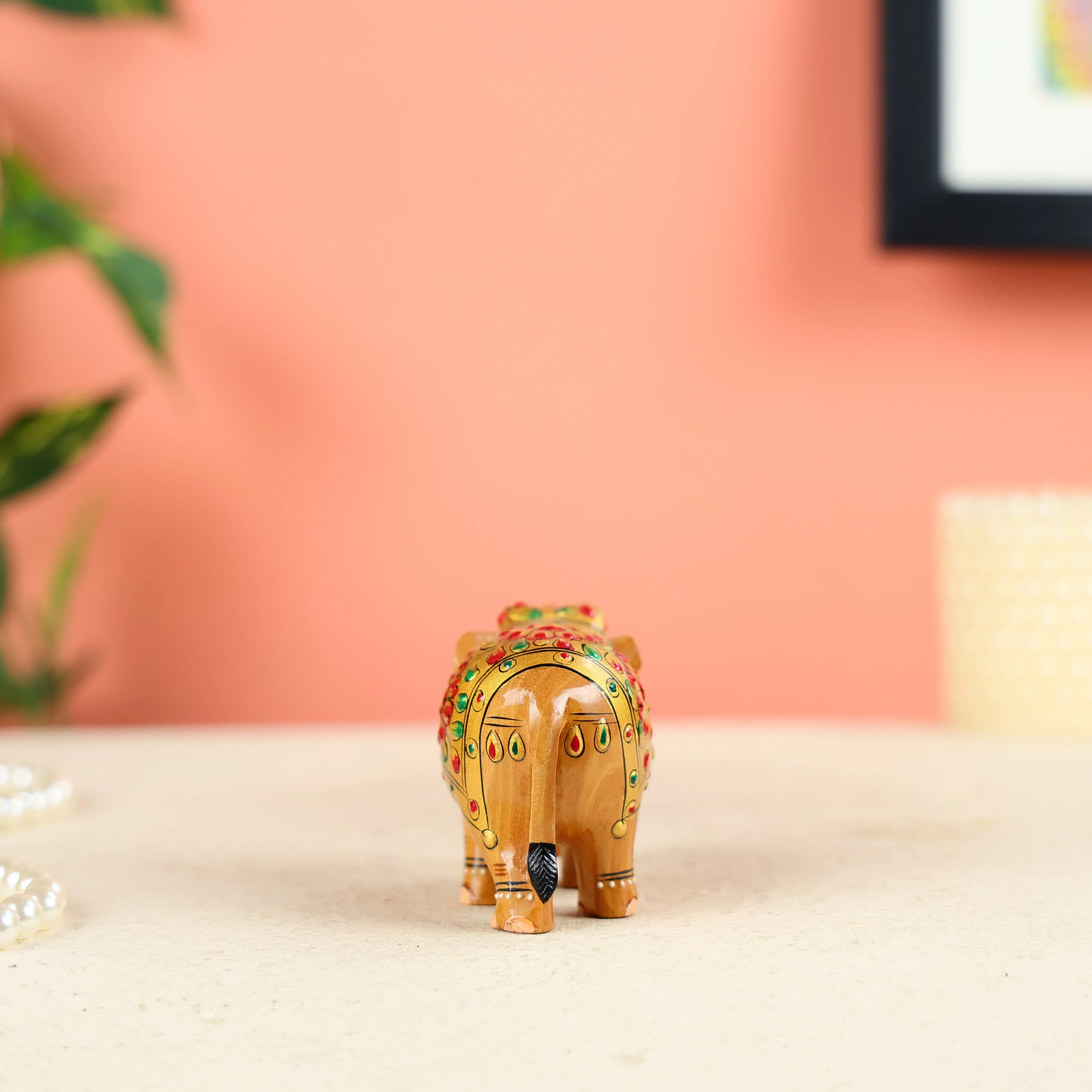 Mango Wood Carved Elephant With Meenakari Work - Image 4