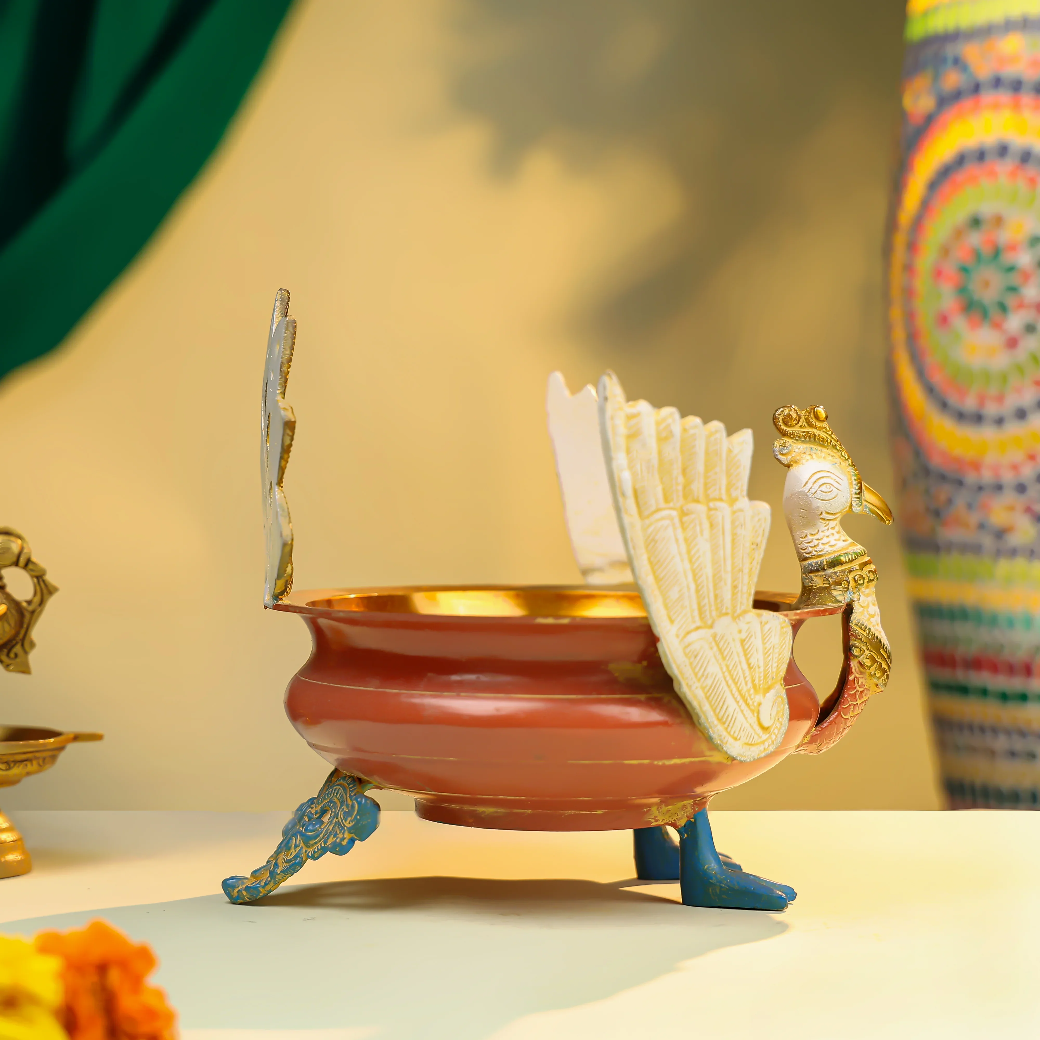 8" Coloured Brass Peacock Urli - Image 4