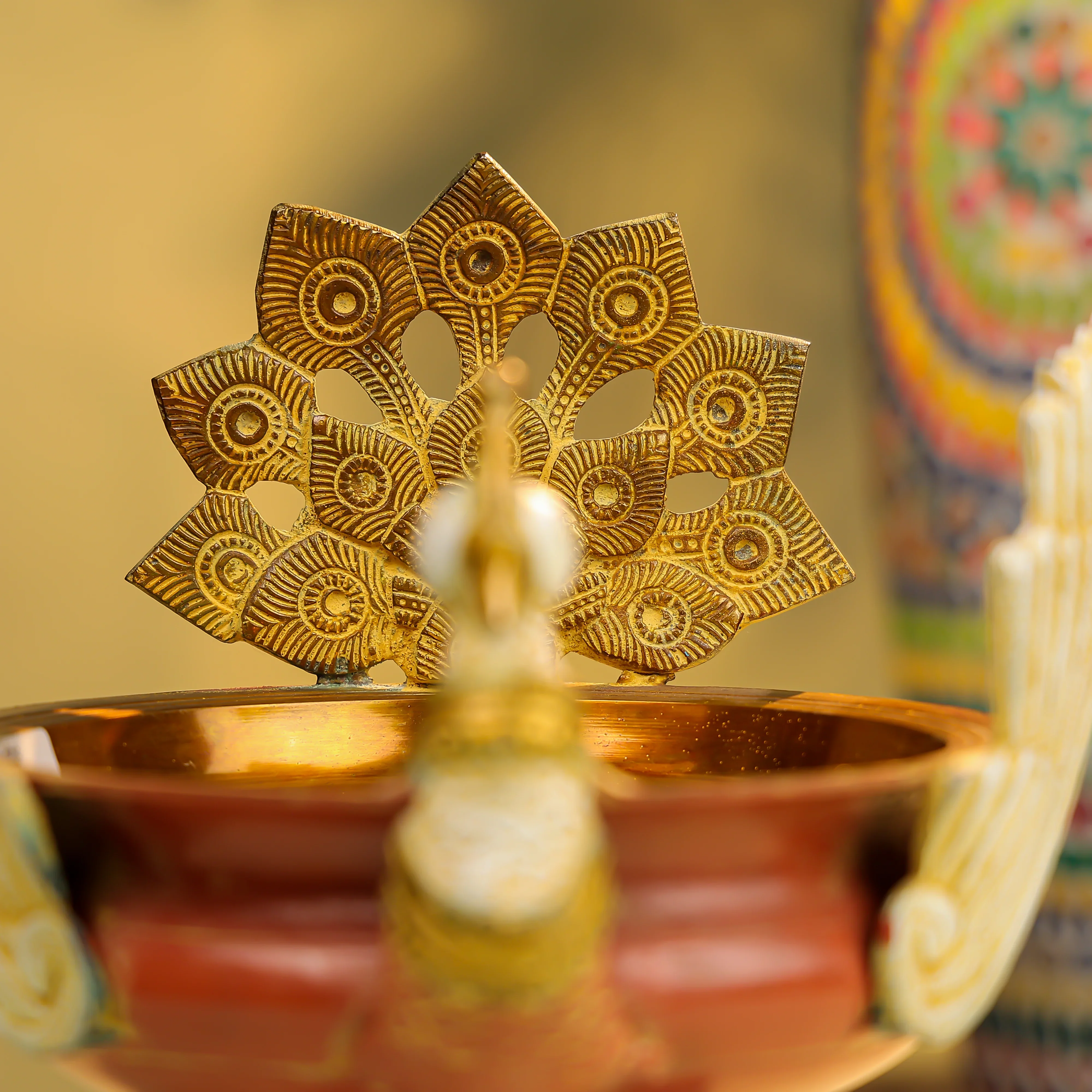 8" Coloured Brass Peacock Urli - Image 5
